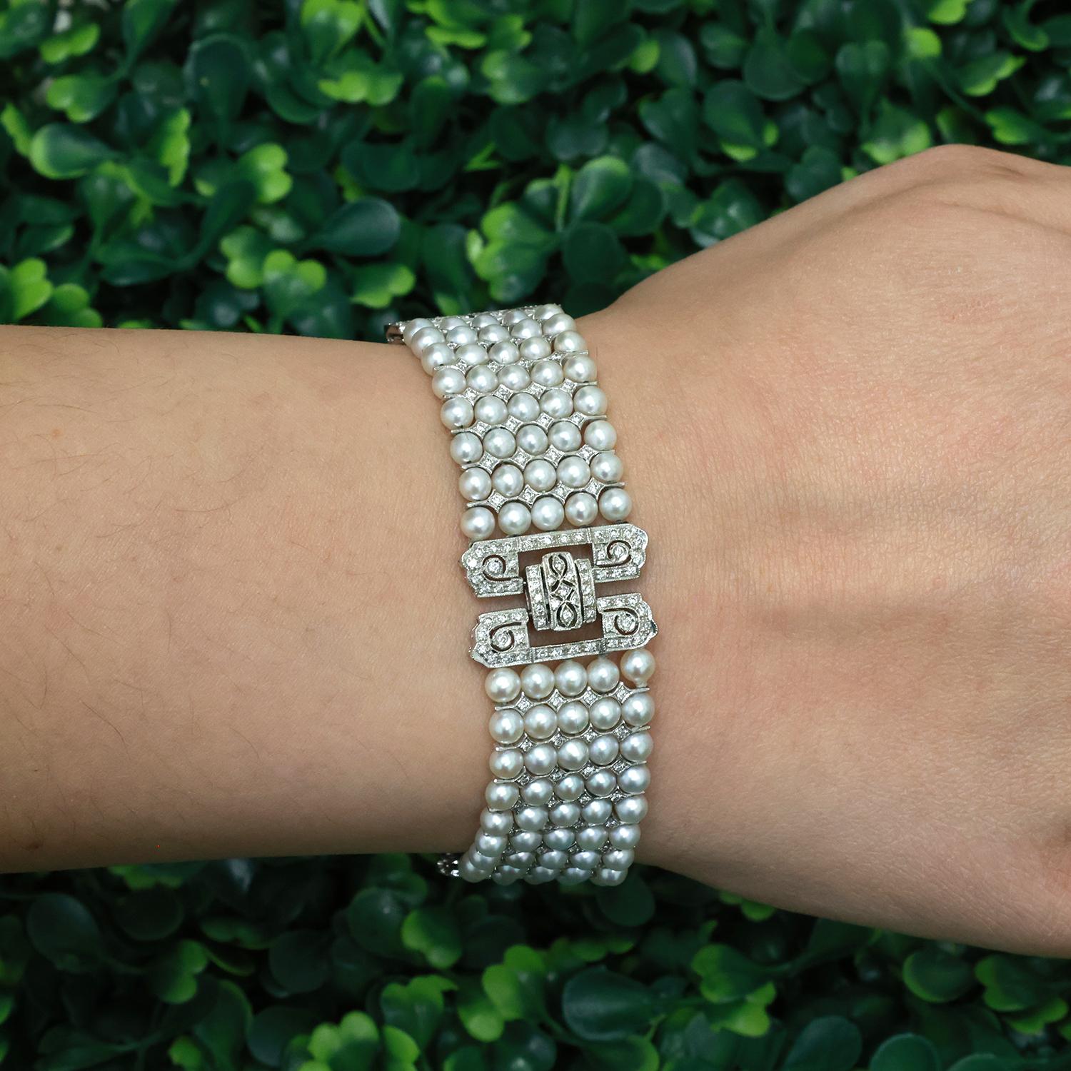 Vintage Multi-Row Cultured Pearl Diamond Bracelet White Gold 2.25 TW 7.25"