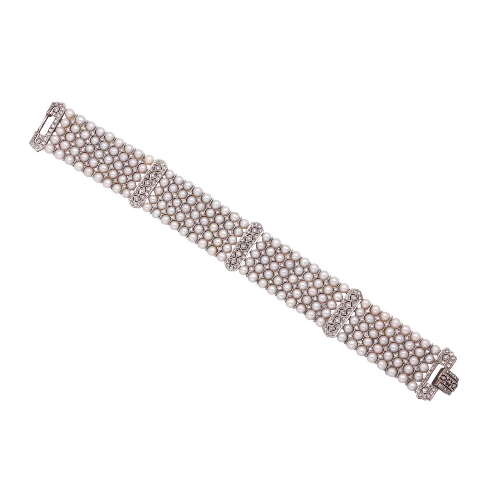 Vintage Multi-Row Cultured Pearl Diamond Bracelet White Gold 2.25 TW 7.25"