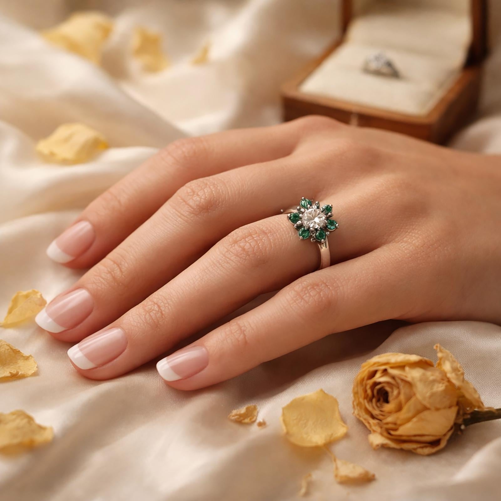 Diamond Emeralds Flower Cocktail Ring White Gold 0.48 CTW Size 3.75 Ladies