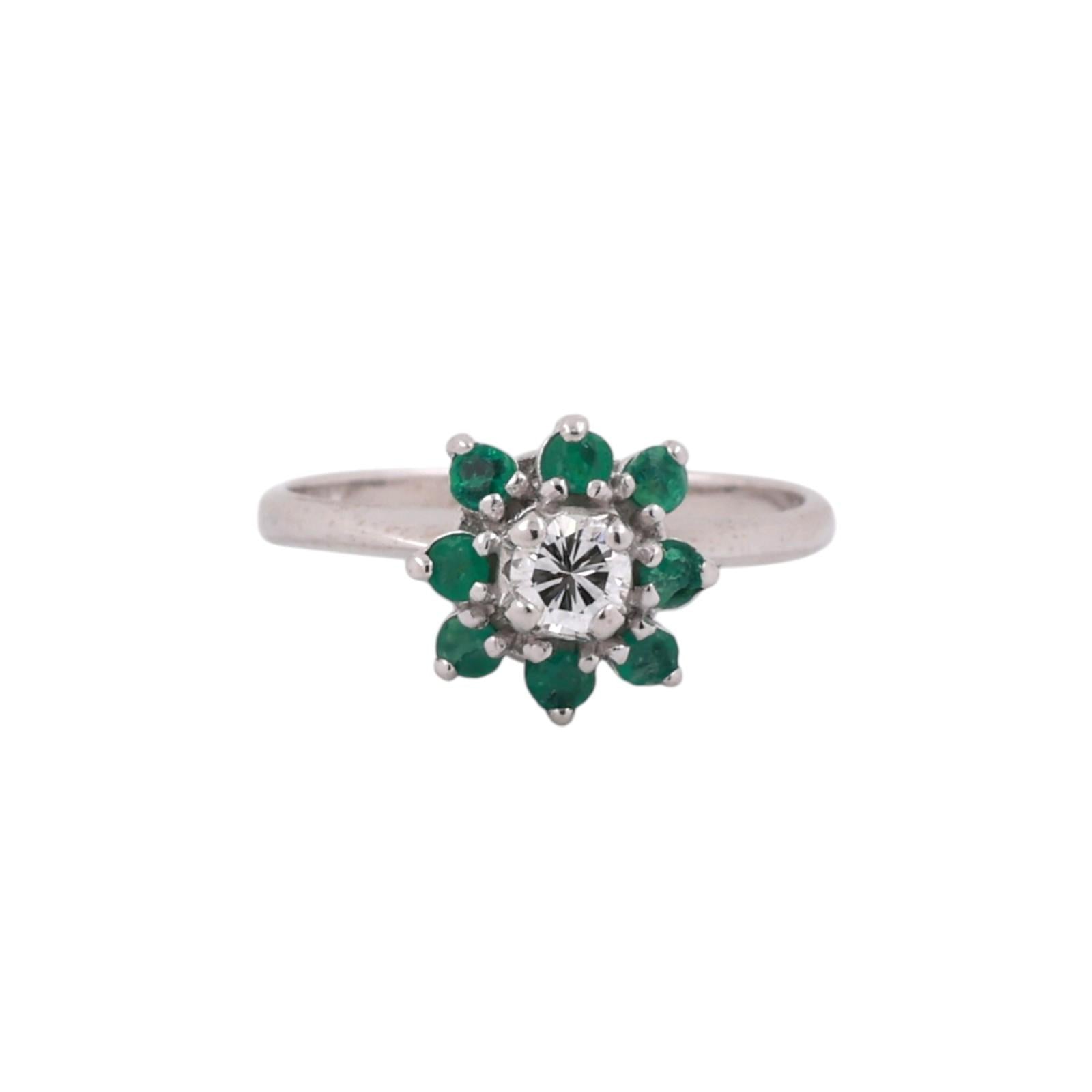 Diamond Emeralds Flower Cocktail Ring White Gold 0.48 CTW Size 3.75 Ladies