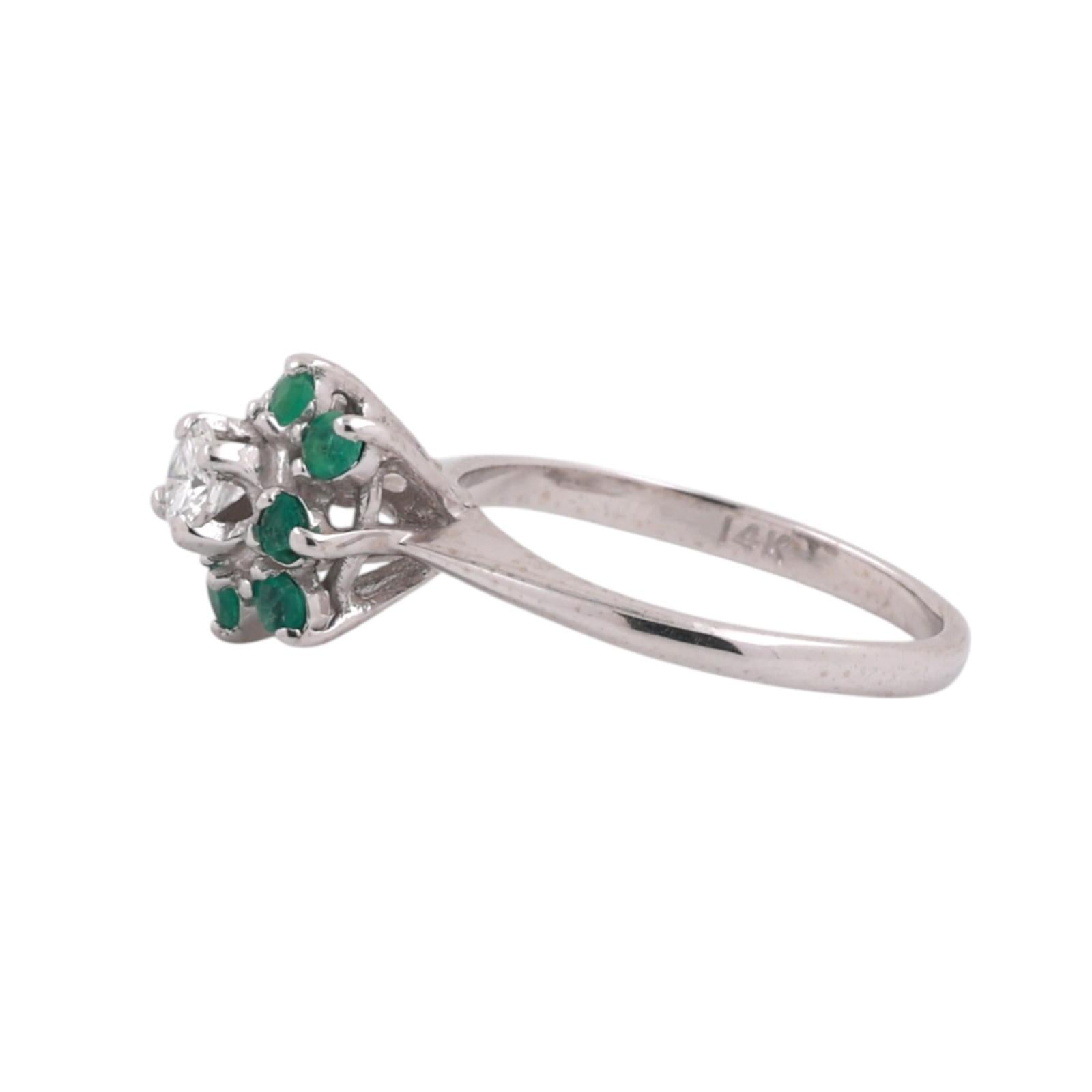 Diamond Emeralds Flower Cocktail Ring White Gold 0.48 CTW Size 3.75 Ladies