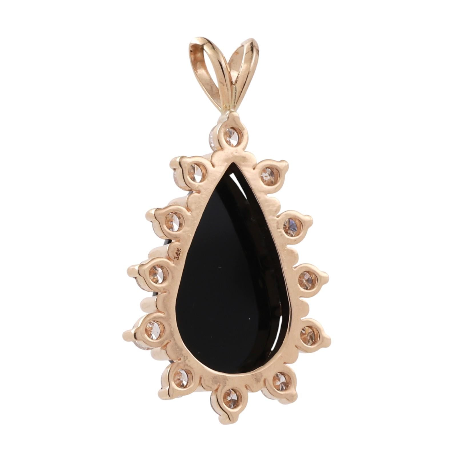 Teardrop Black Onyx Halo Diamond Pendant Charm 14K Yellow Gold 1.25" Estate