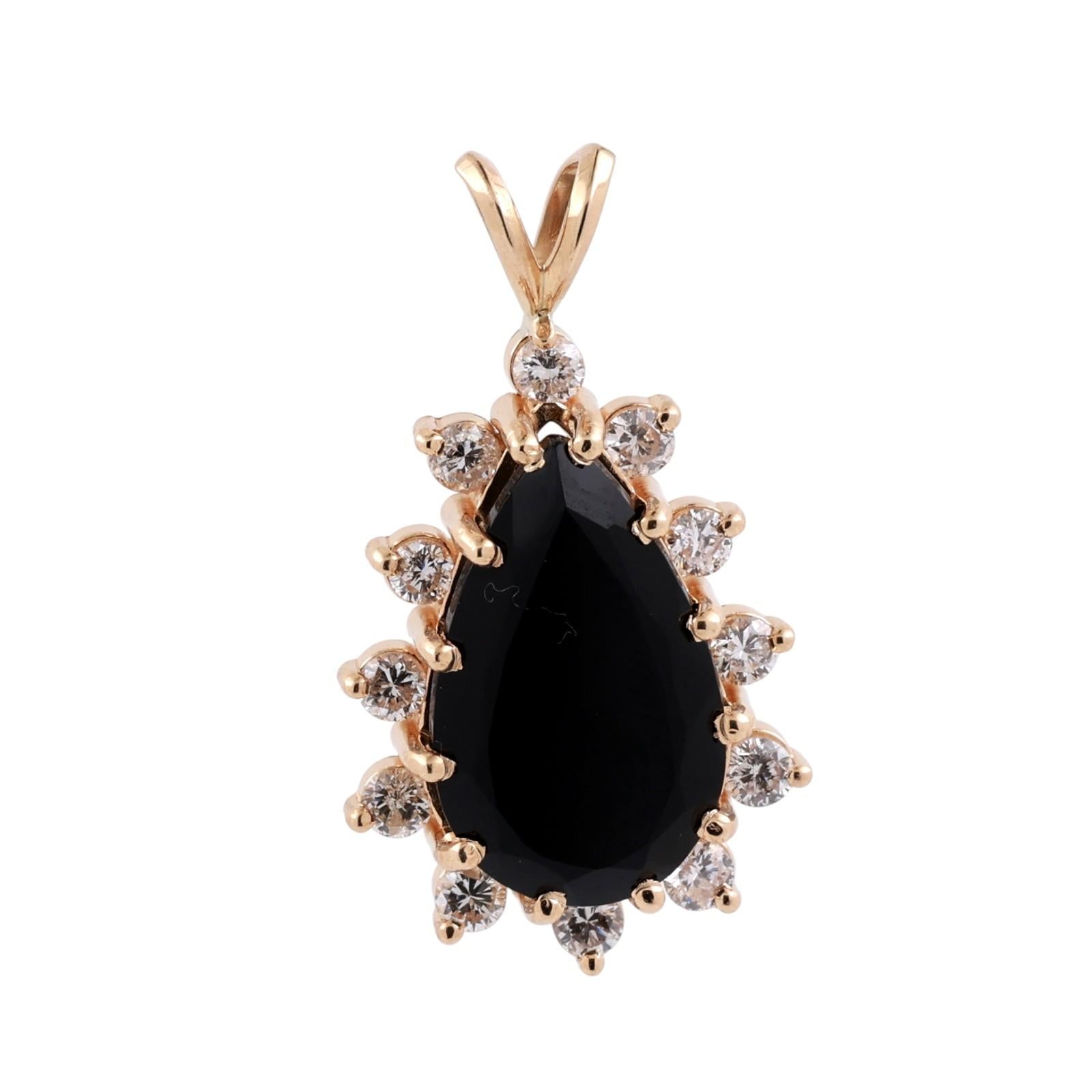 Teardrop Black Onyx Halo Diamond Pendant Charm 14K Yellow Gold 1.25" Estate
