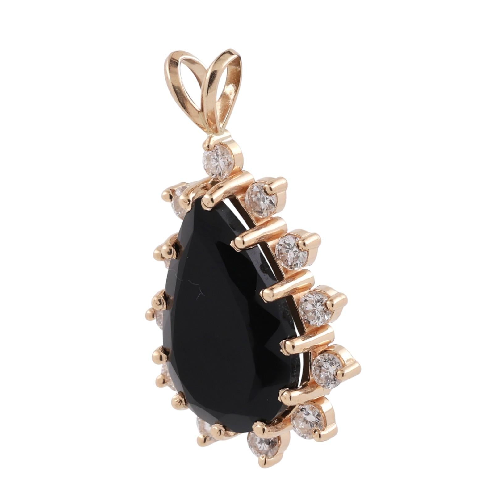 Teardrop Black Onyx Halo Diamond Pendant Charm 14K Yellow Gold 1.25" Estate