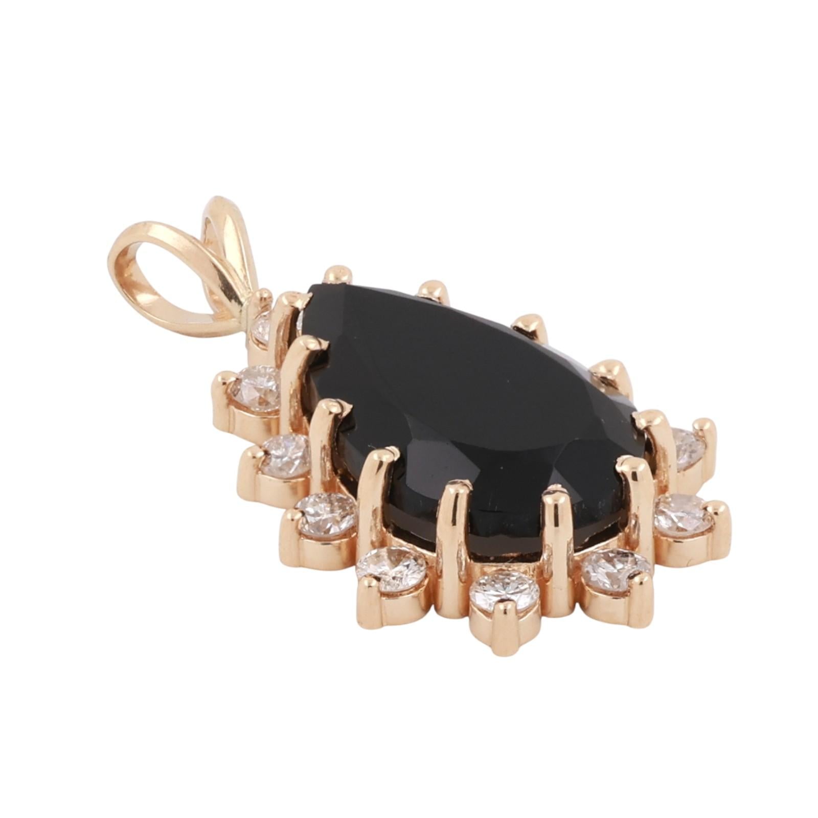 Teardrop Black Onyx Halo Diamond Pendant Charm 14K Yellow Gold 1.25" Estate