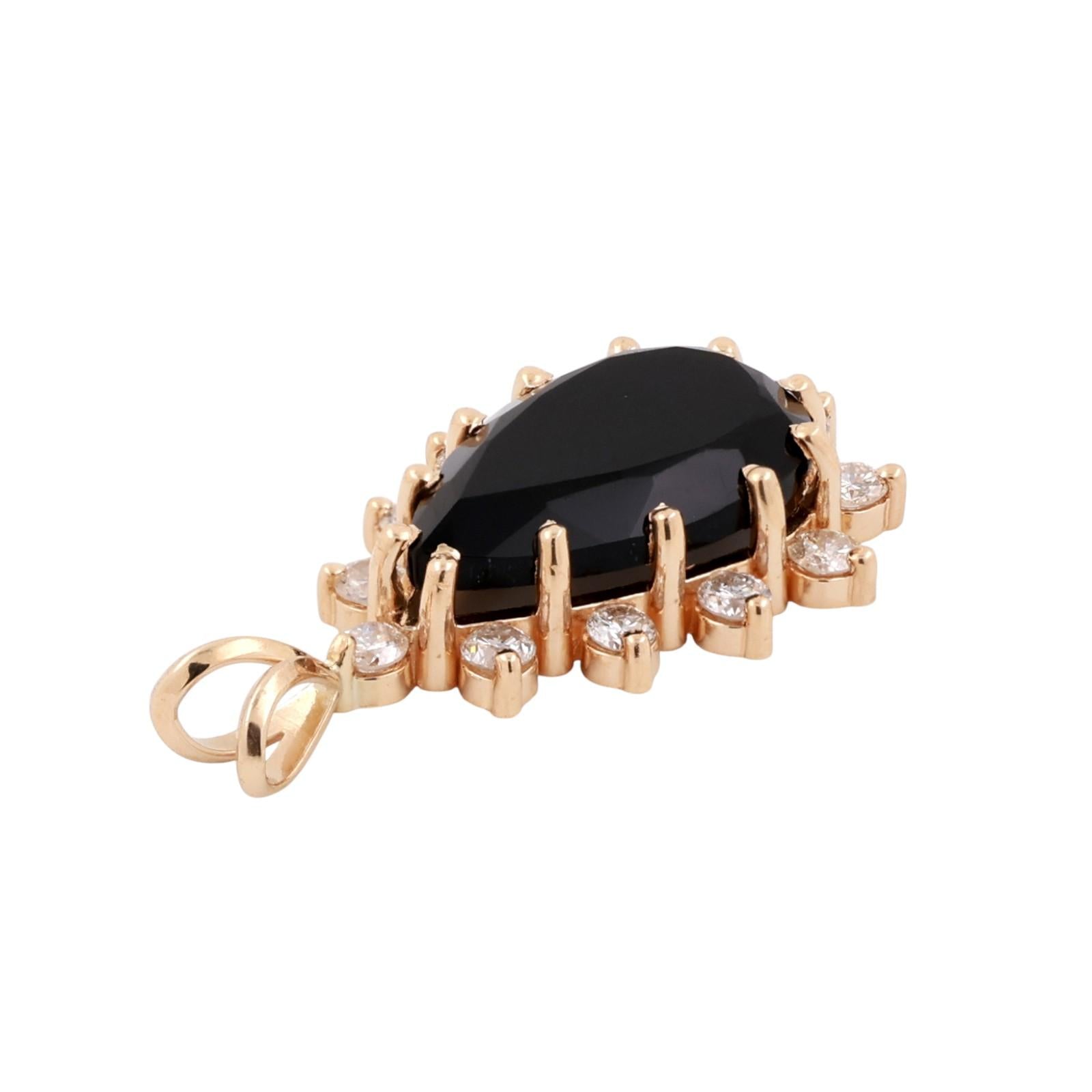 Teardrop Black Onyx Halo Diamond Pendant Charm 14K Yellow Gold 1.25" Estate