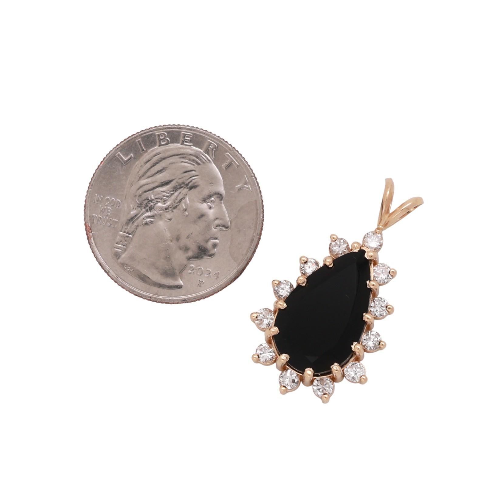 Teardrop Black Onyx Halo Diamond Pendant Charm 14K Yellow Gold 1.25" Estate