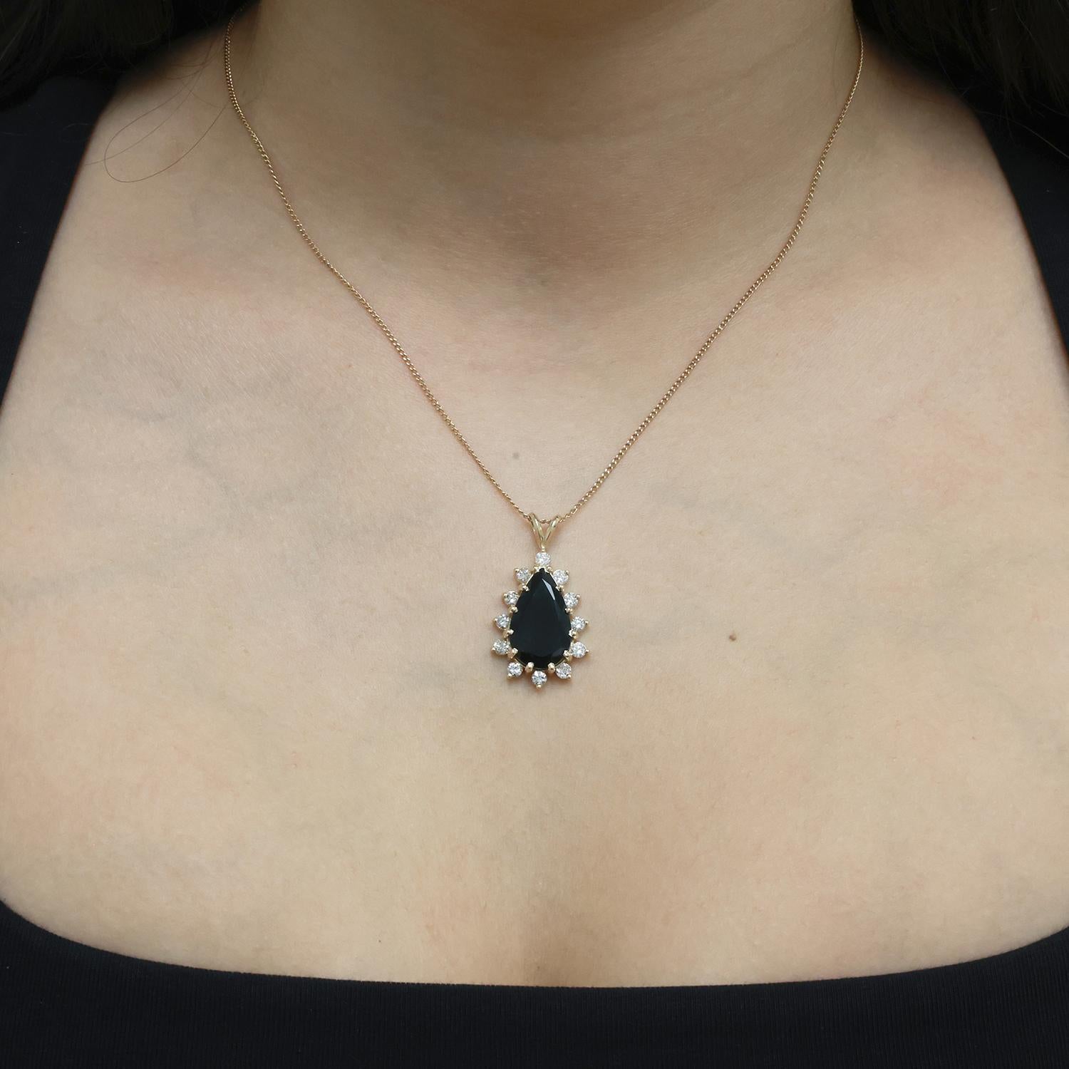 Teardrop Black Onyx Halo Diamond Pendant Charm 14K Yellow Gold 1.25" Estate