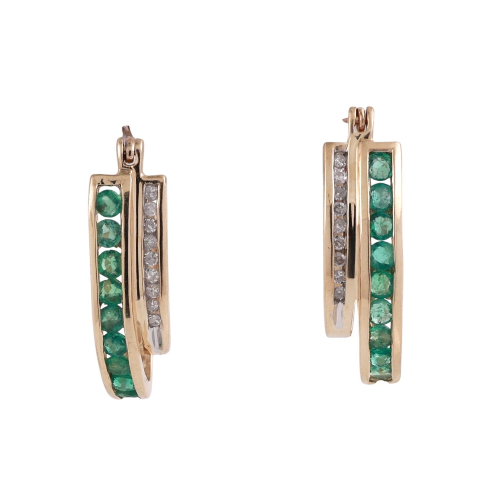 Emerald Diamond Oval Hoop Earrings 10K Yellow Gold 0.92 CTW 0.80" Ladies