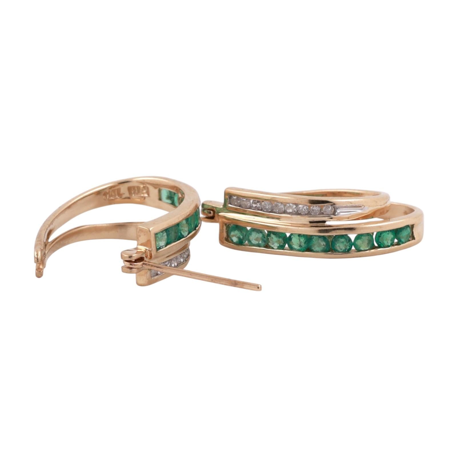 Emerald Diamond Oval Hoop Earrings 10K Yellow Gold 0.92 CTW 0.80" Ladies
