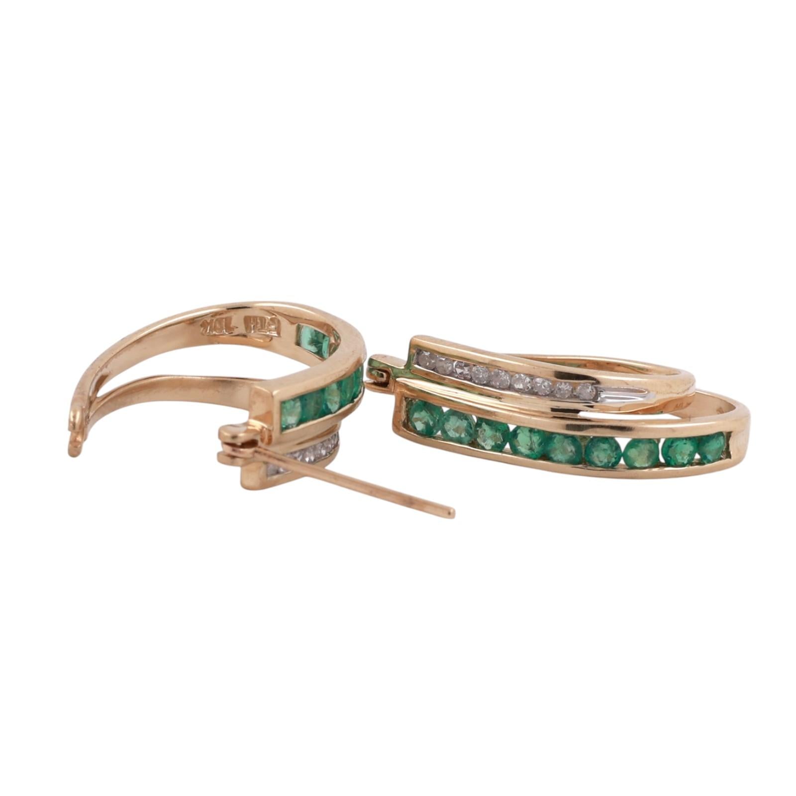 Emerald Diamond Oval Hoop Earrings 10K Yellow Gold 0.92 CTW 0.80" Ladies