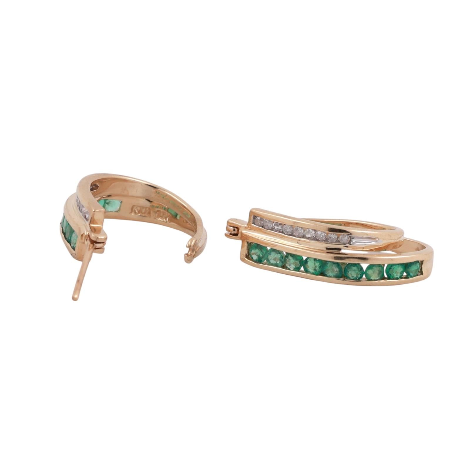 Emerald Diamond Oval Hoop Earrings 10K Yellow Gold 0.92 CTW 0.80" Ladies