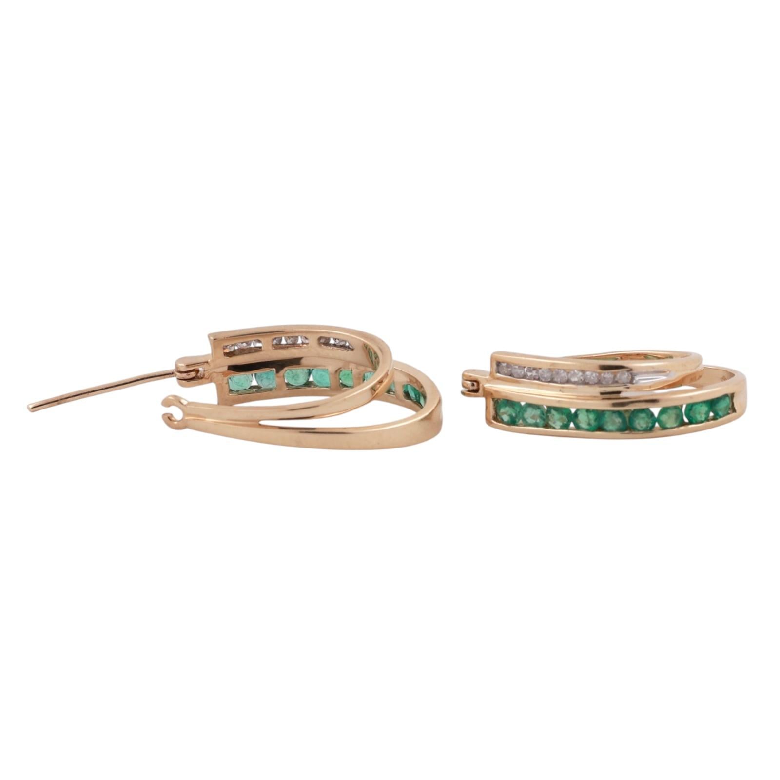 Emerald Diamond Oval Hoop Earrings 10K Yellow Gold 0.92 CTW 0.80" Ladies