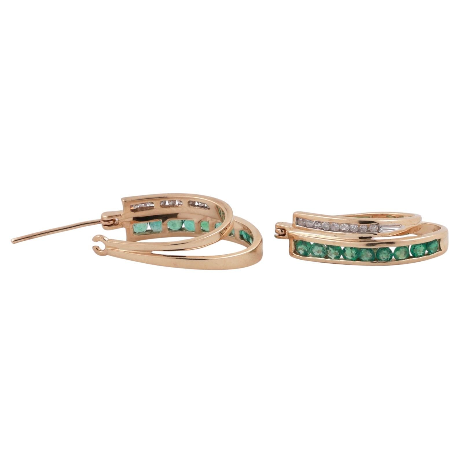 Emerald Diamond Oval Hoop Earrings 10K Yellow Gold 0.92 CTW 0.80" Ladies