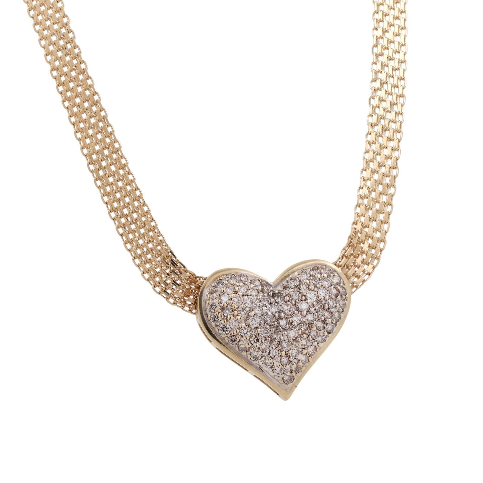 2.00 TW Cluster Diamond Heart Pendant Bismark Mesh Chain Necklace 14K Gold 16.5"