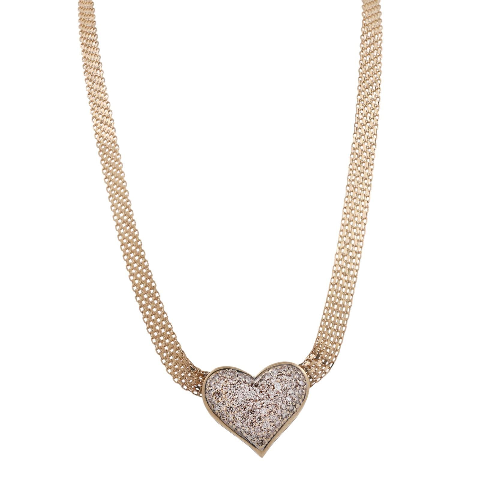 2.00 TW Cluster Diamond Heart Pendant Bismark Mesh Chain Necklace 14K Gold 16.5"