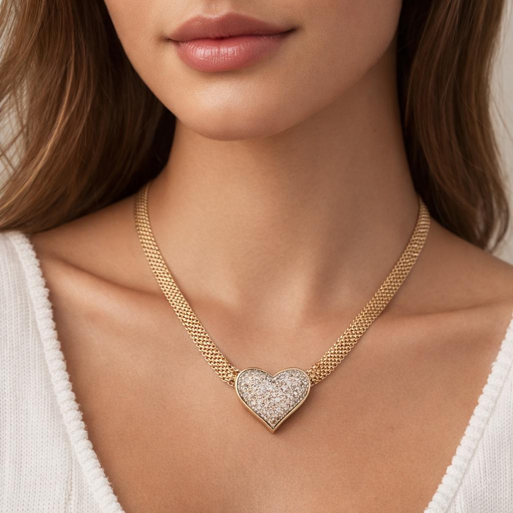 2.00 TW Cluster Diamond Heart Pendant Bismark Mesh Chain Necklace 14K Gold 16.5"
