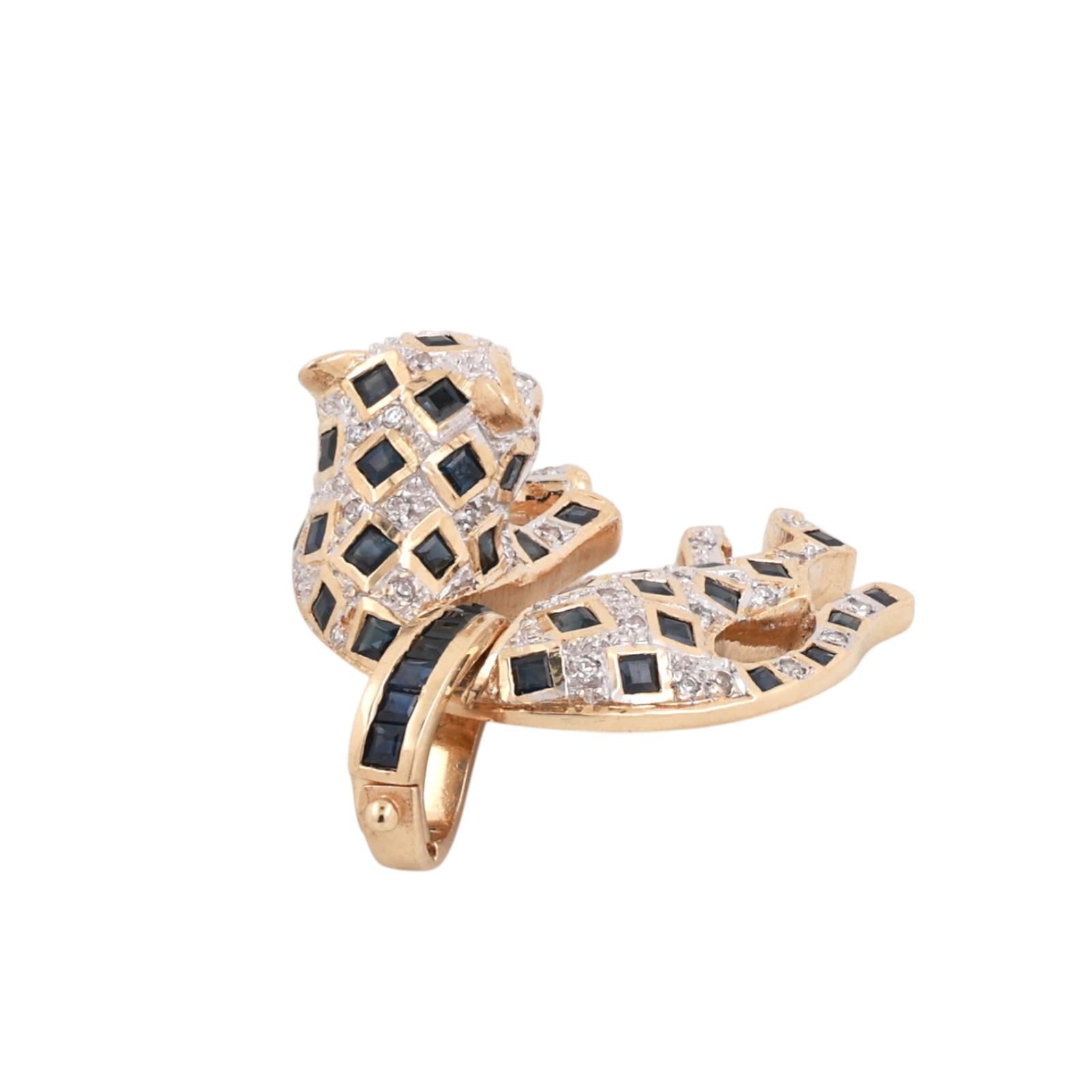 Sapphire Diamond Panther Pendant Charm 14K Gold 1.68 CTW 1.15" Estate