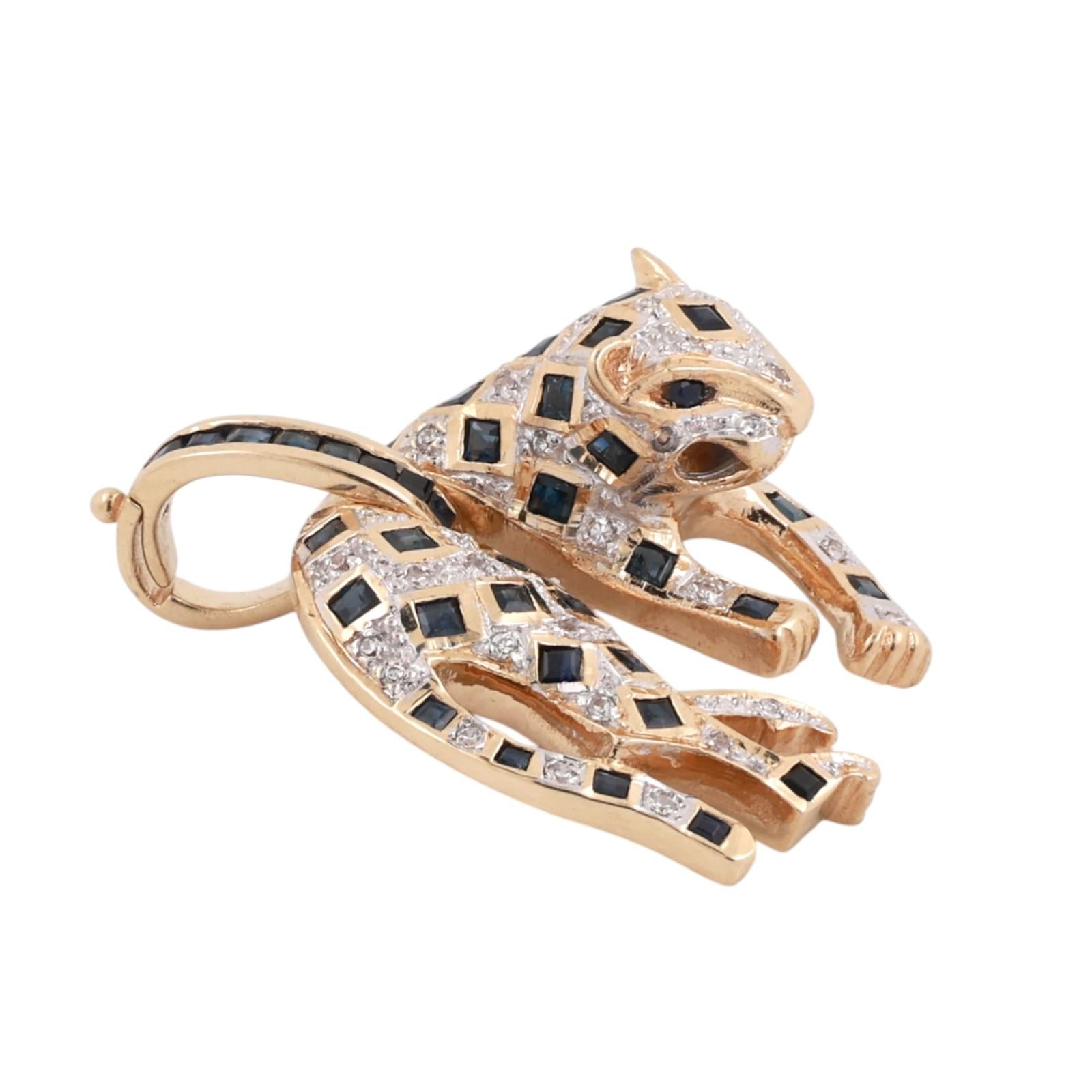 Sapphire Diamond Panther Pendant Charm 14K Gold 1.68 CTW 1.15" Estate