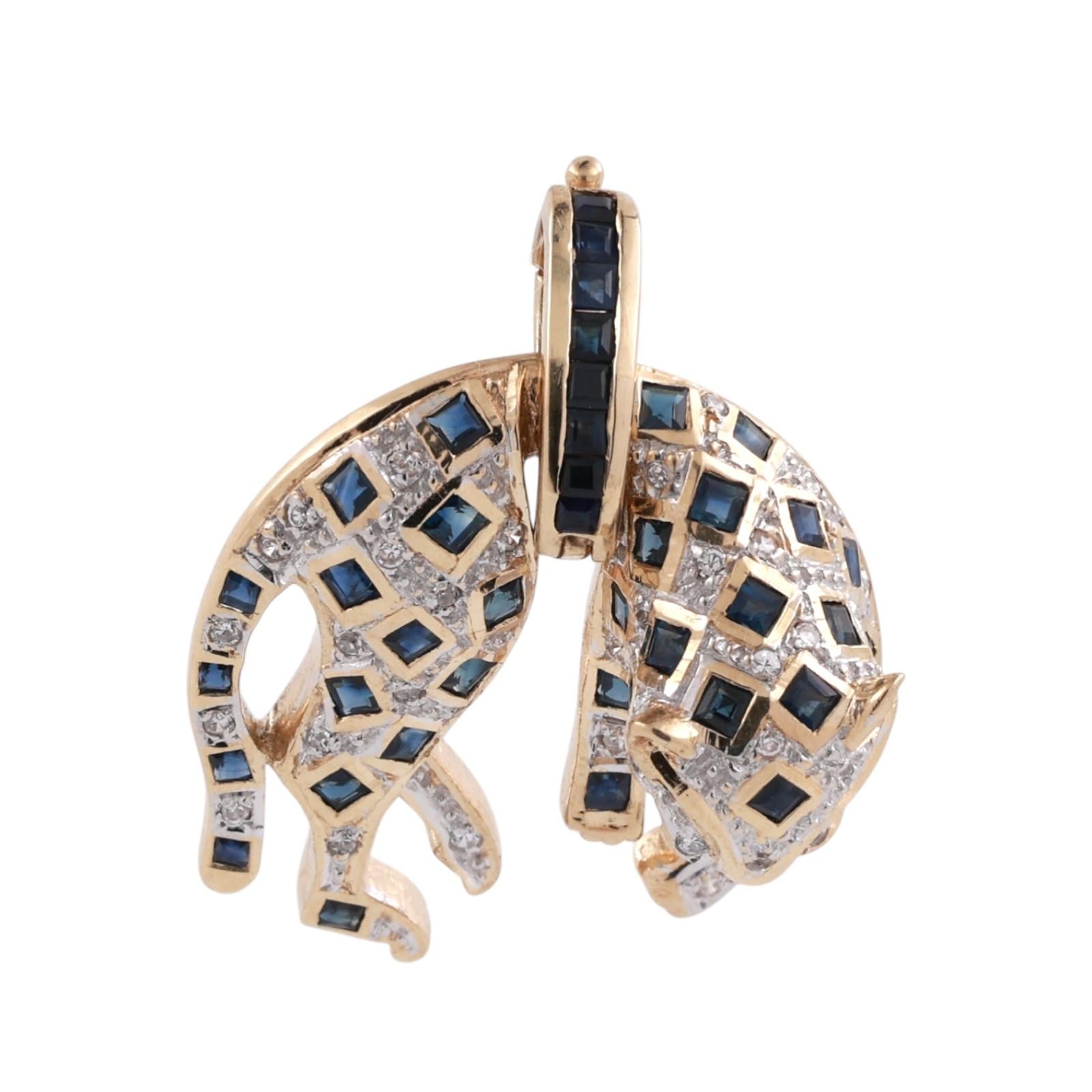 Sapphire Diamond Panther Pendant Charm 14K Gold 1.68 CTW 1.15" Estate