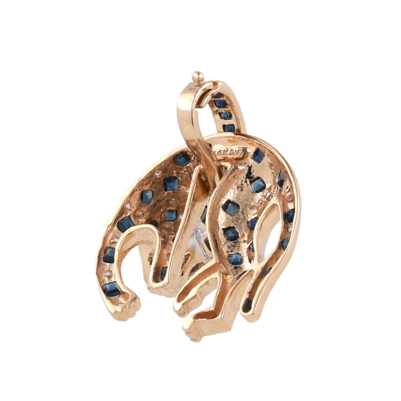 Sapphire Diamond Panther Pendant Charm 14K Gold 1.68 CTW 1.15" Estate