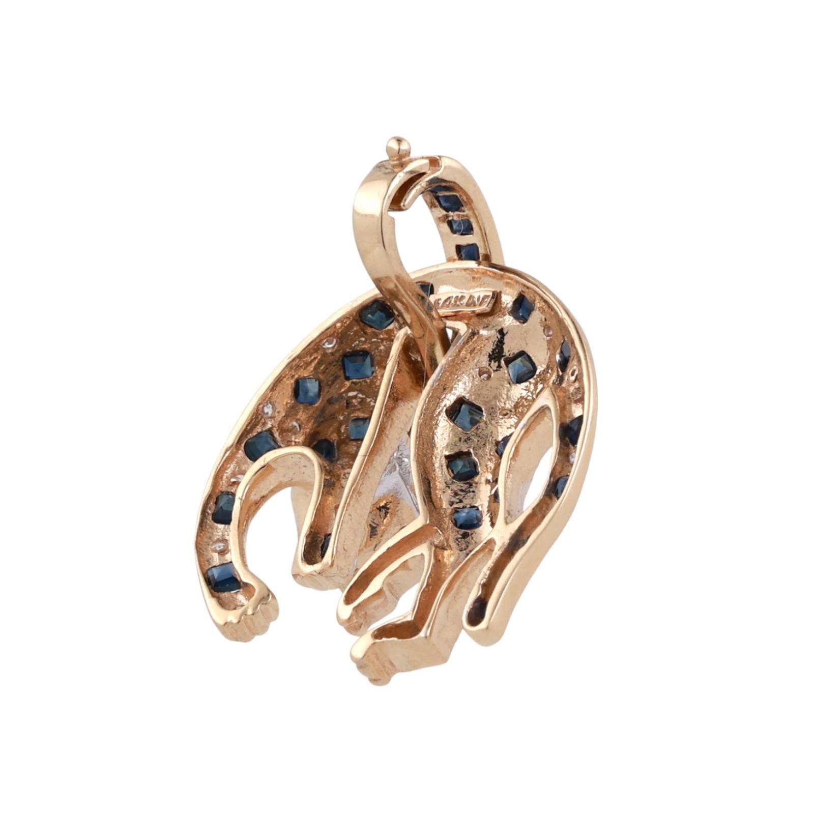 Sapphire Diamond Panther Pendant Charm 14K Gold 1.68 CTW 1.15" Estate
