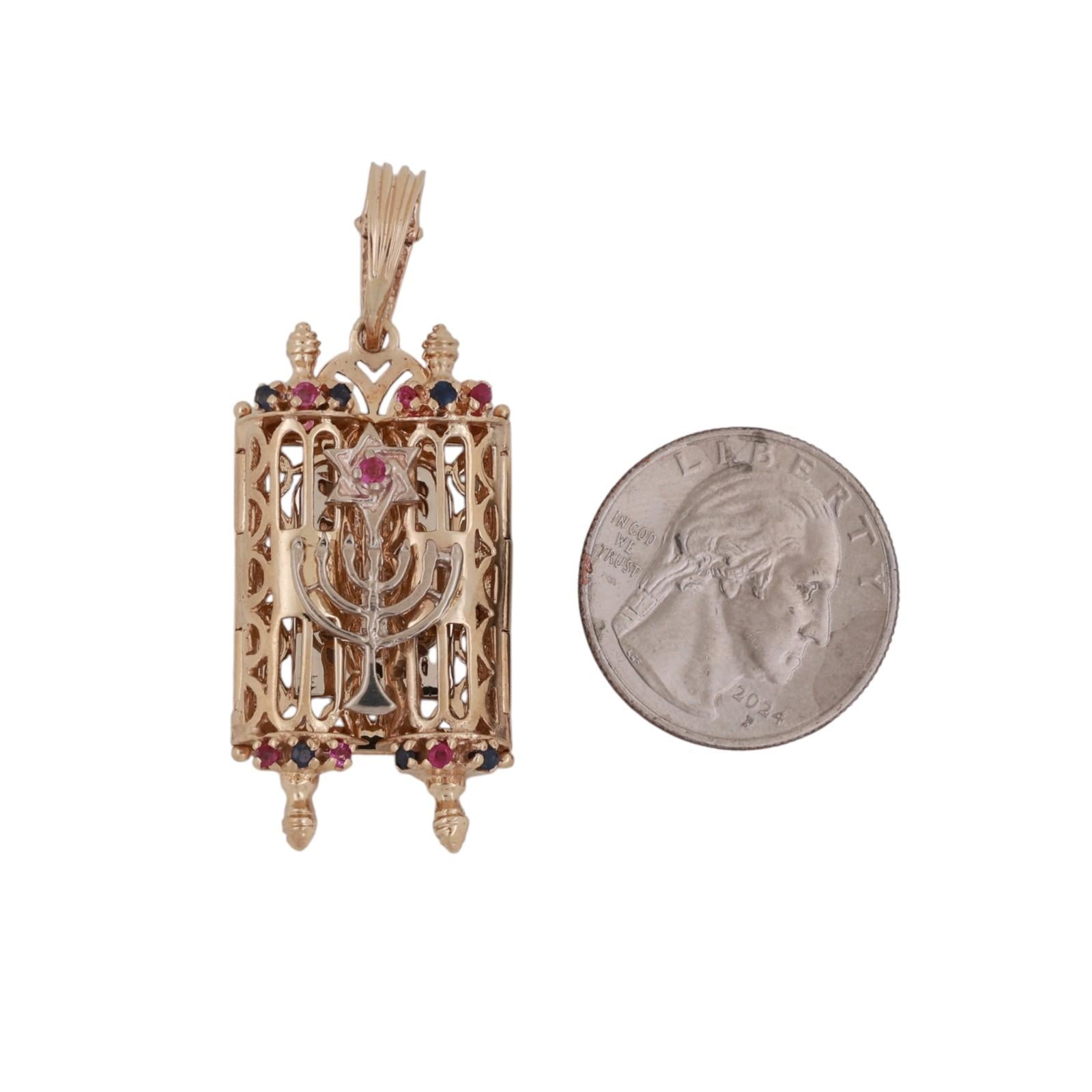 Ruby Sapphire Filigree Torah Scroll Cover Charm Pendant  Two-Tone Gold 1.50"