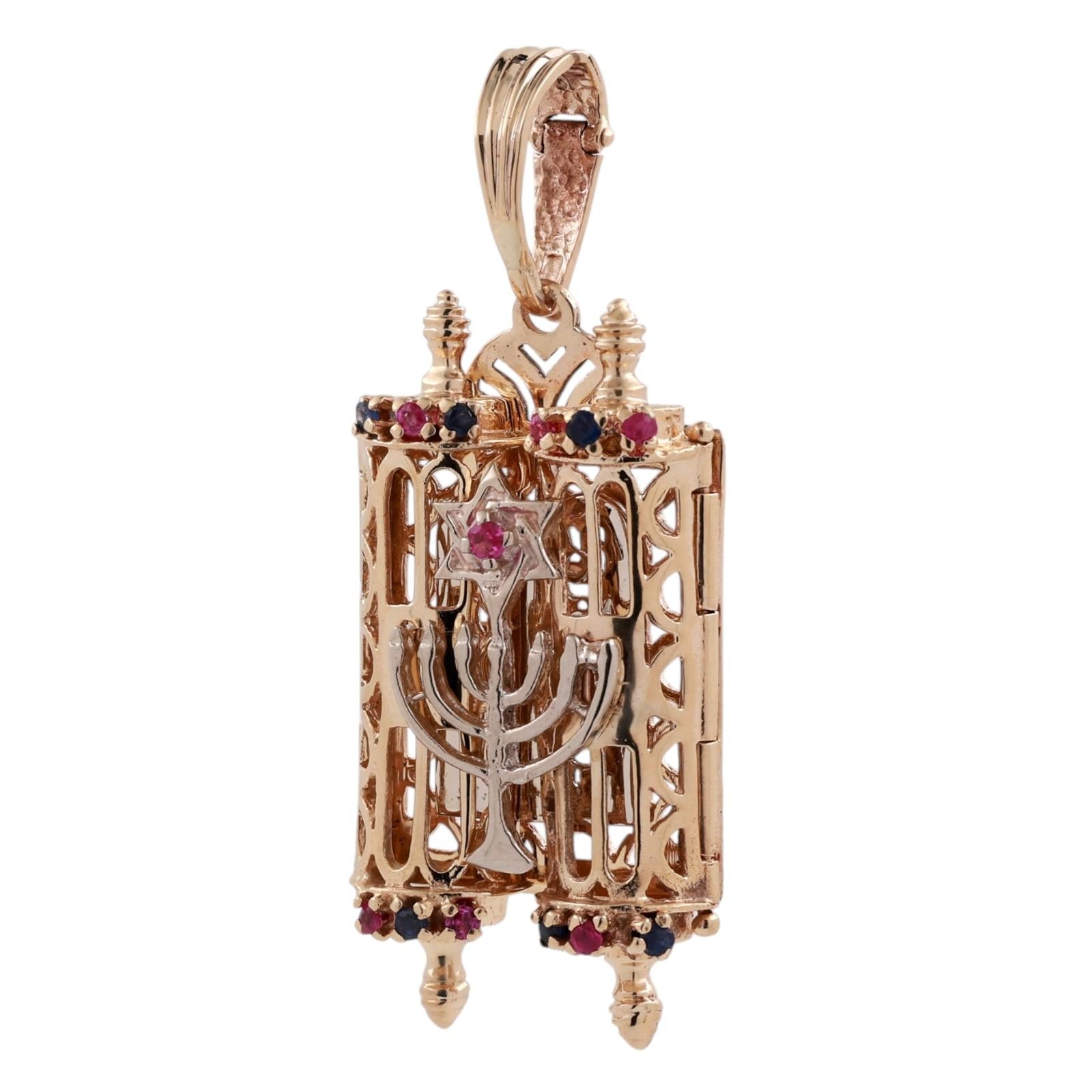 Ruby Sapphire Filigree Torah Scroll Cover Charm Pendant  Two-Tone Gold 1.50"