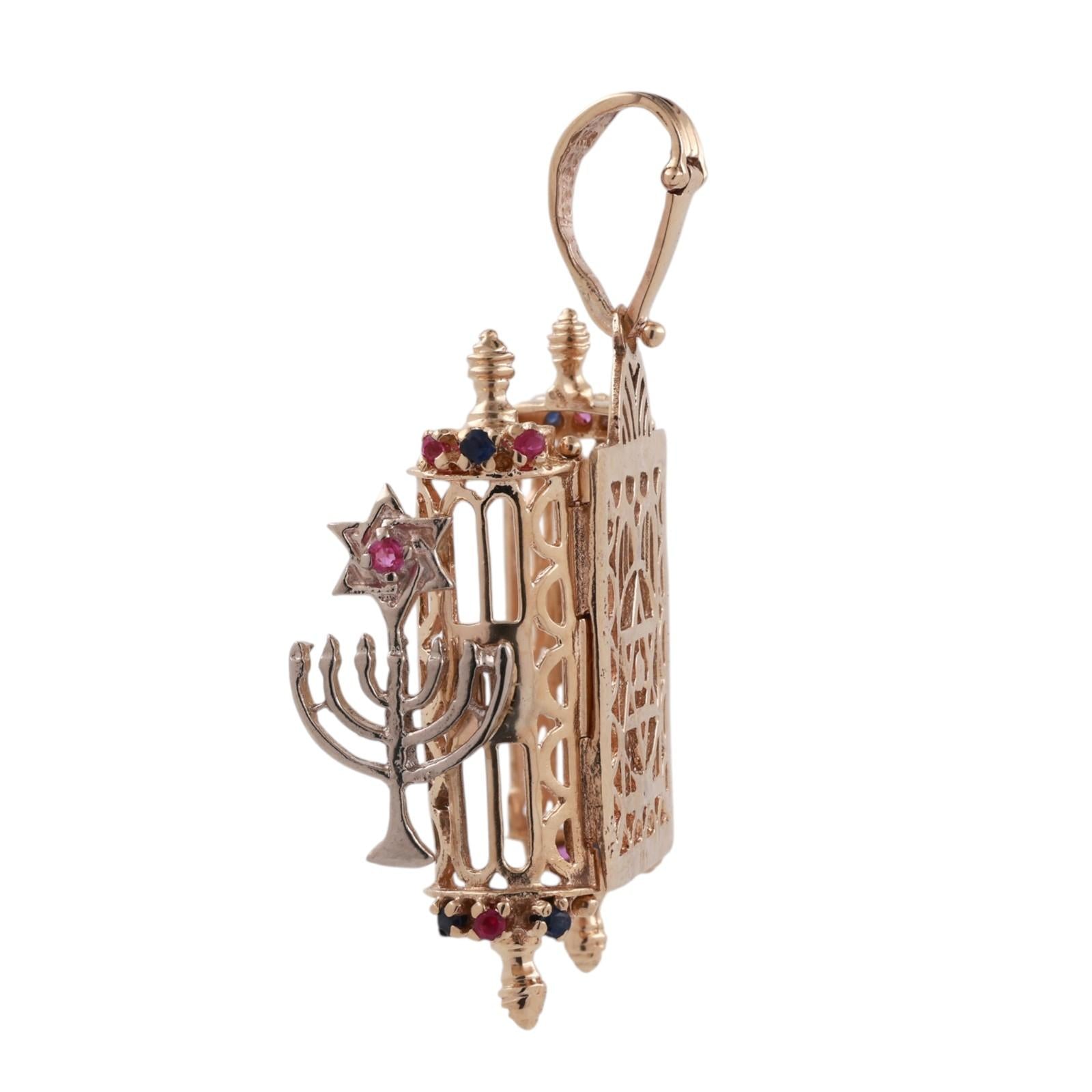 Ruby Sapphire Filigree Torah Scroll Cover Charm Pendant  Two-Tone Gold 1.50"