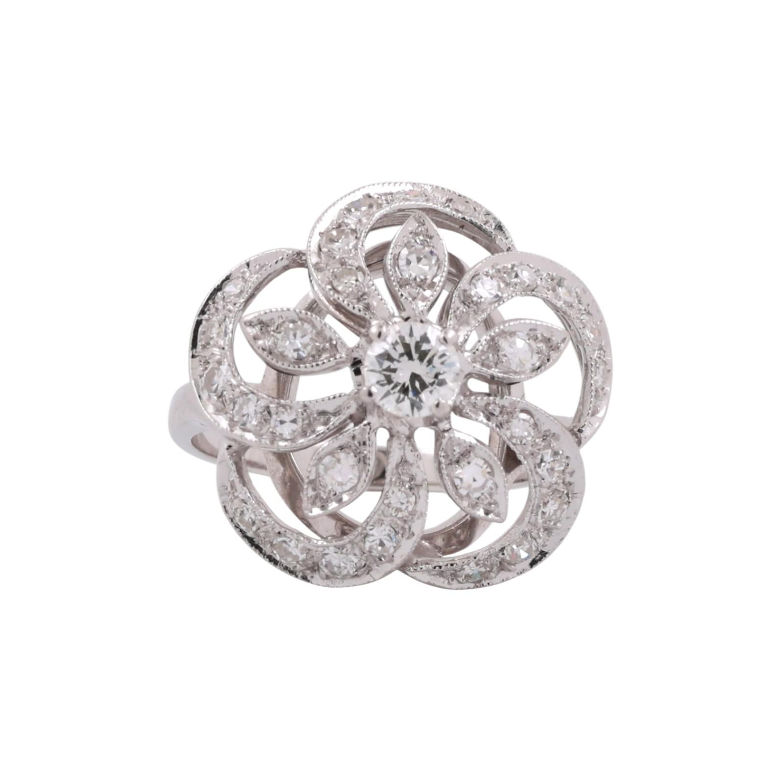 Vintage Diamond Floral Statement Ring White Gold 1.10 TW Size 7 Ladies Estate