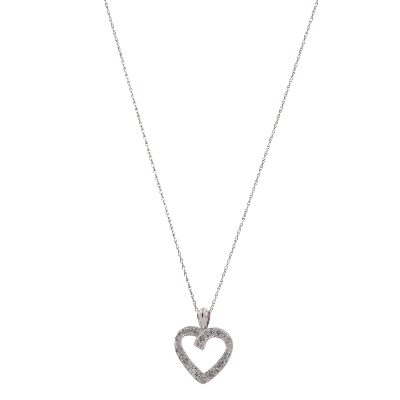 0.50 TW Diamond Open Heart Pendant Rope Chain Necklace 14K White Gold 18.25"