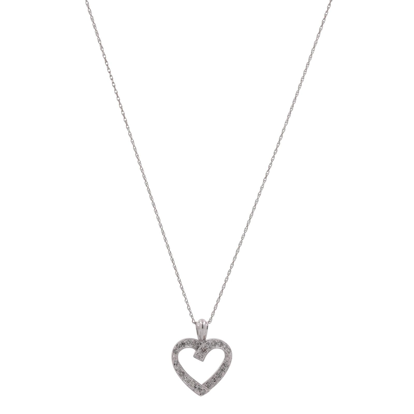 0.50 TW Diamond Open Heart Pendant Rope Chain Necklace 14K White Gold 18.25"