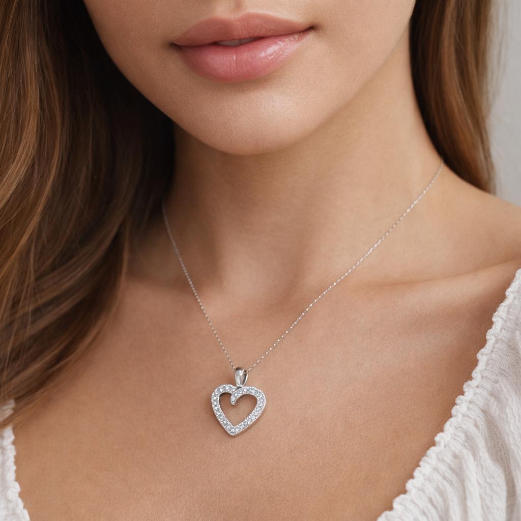 0.50 TW Diamond Open Heart Pendant Rope Chain Necklace 14K White Gold 18.25"