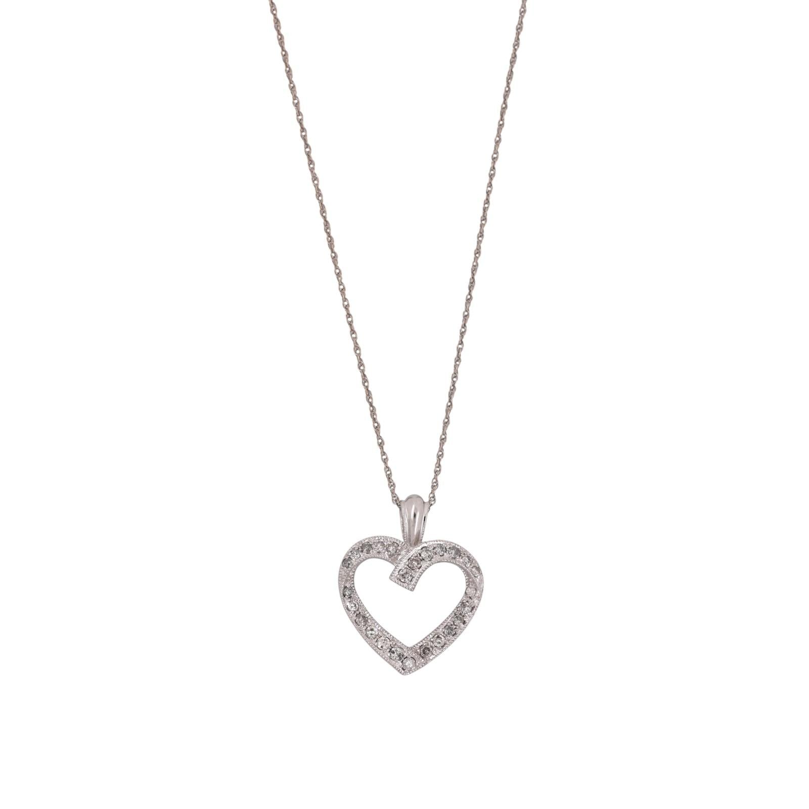 0.50 TW Diamond Open Heart Pendant Rope Chain Necklace 14K White Gold 18.25"