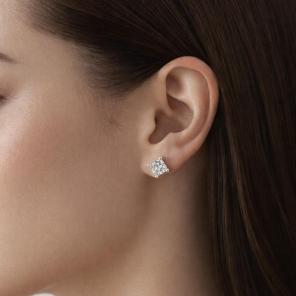 Cluster Diamond Square Stud Earrings 14K White Gold 1.00 TW 0.30" Estate