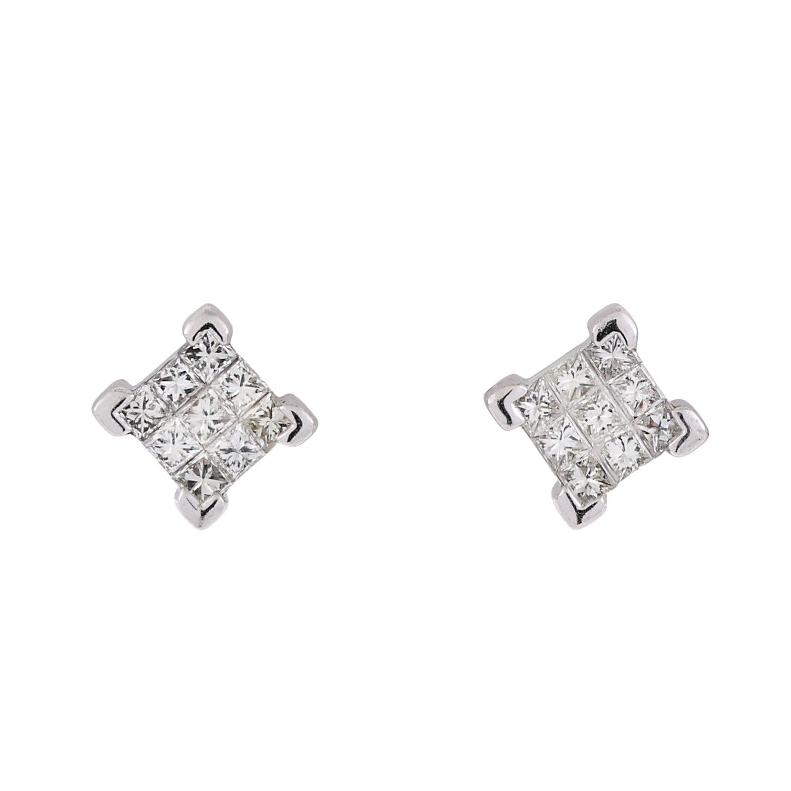 Cluster Diamond Square Stud Earrings 14K White Gold 1.00 TW 0.30" Estate