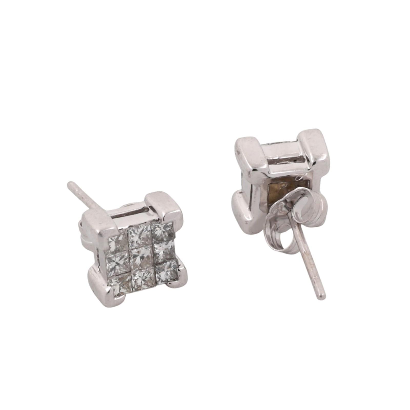 Cluster Diamond Square Stud Earrings 14K White Gold 1.00 TW 0.30" Estate