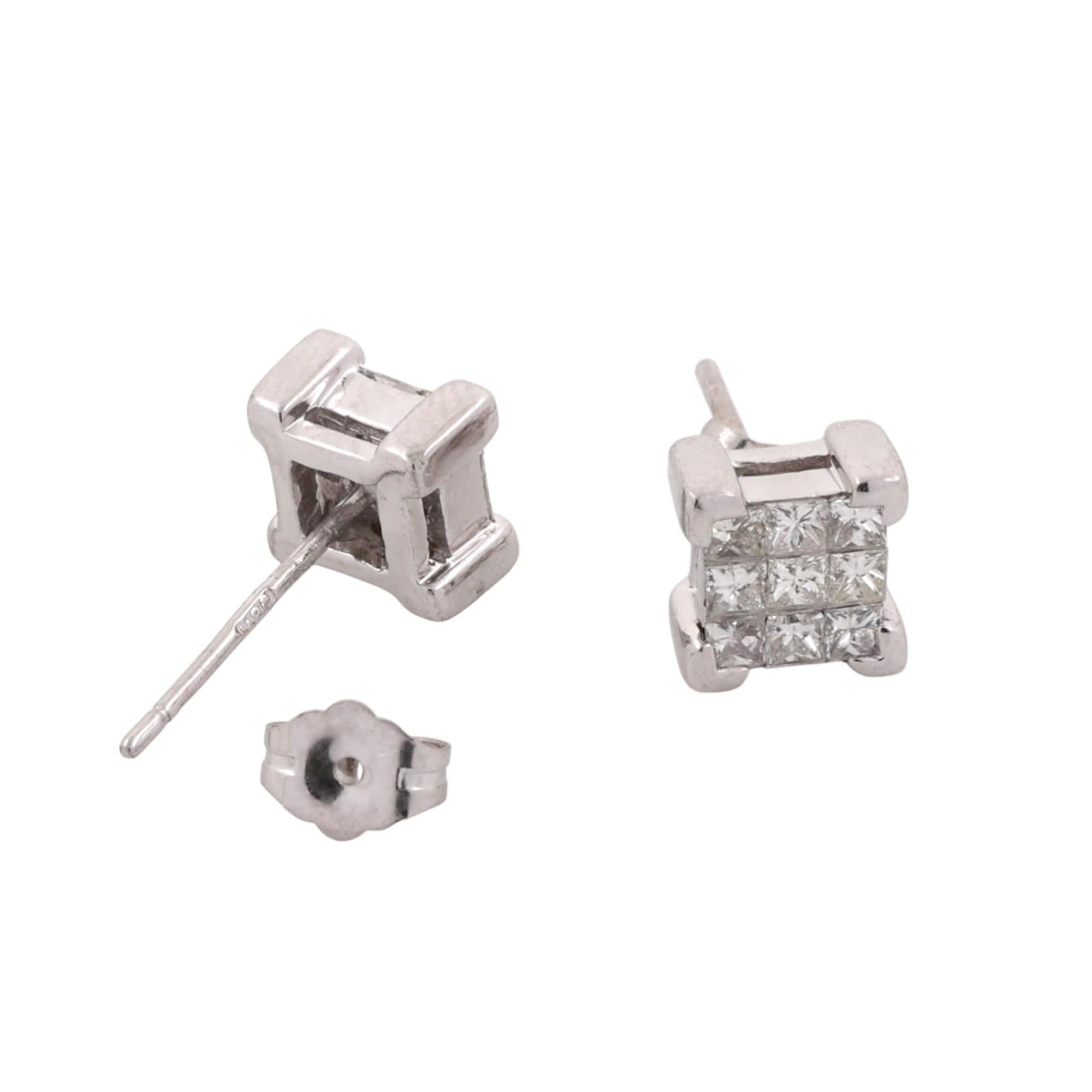 Cluster Diamond Square Stud Earrings 14K White Gold 1.00 TW 0.30" Estate