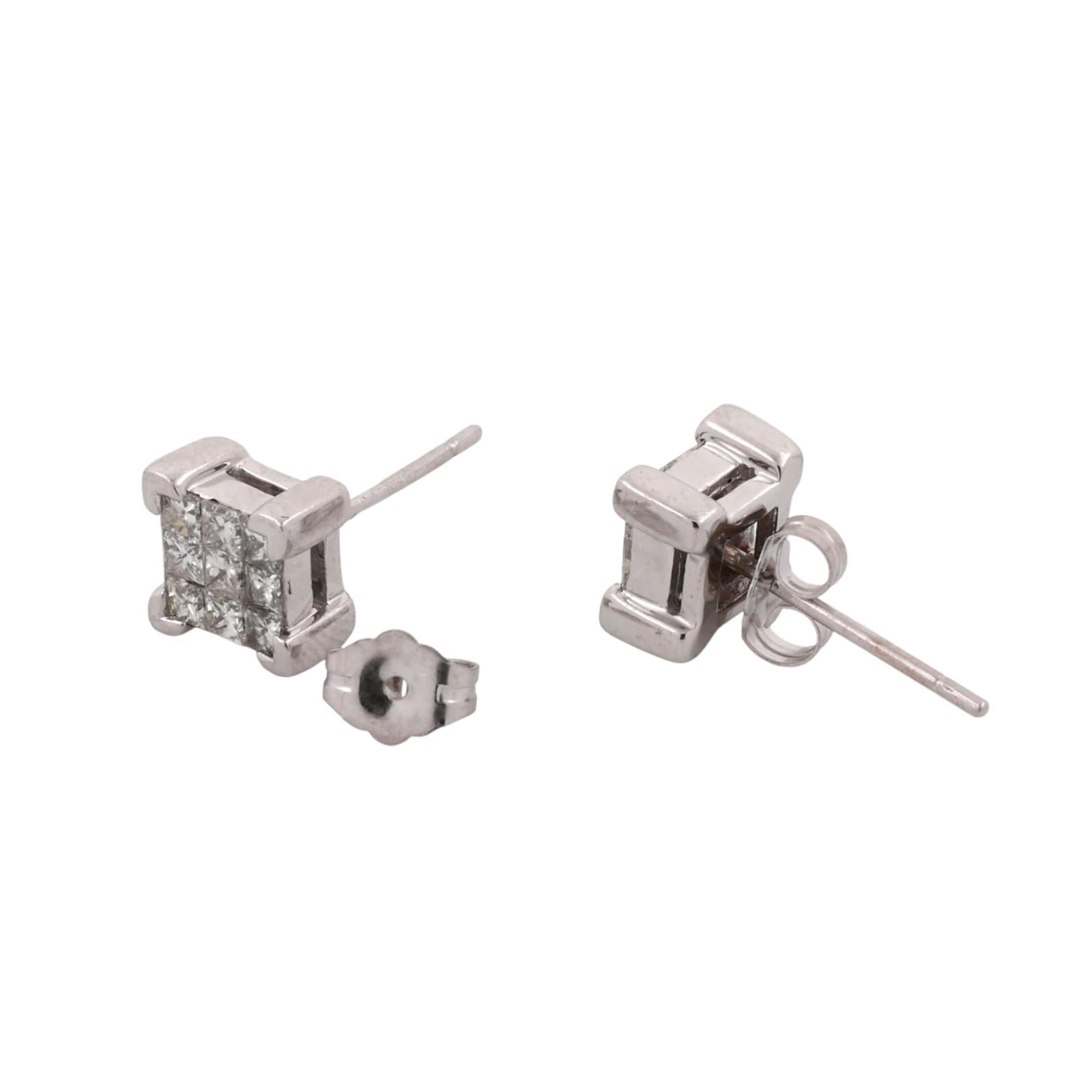 Cluster Diamond Square Stud Earrings 14K White Gold 1.00 TW 0.30" Estate