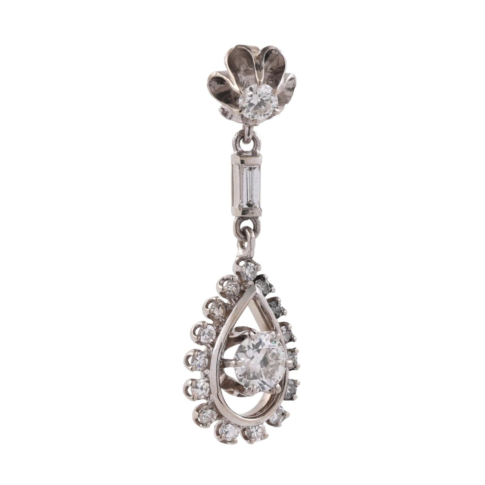Vintage Floral Teardrop Halo Diamond Pendant 14K White Gold 1.05 TW 1.40" Estate