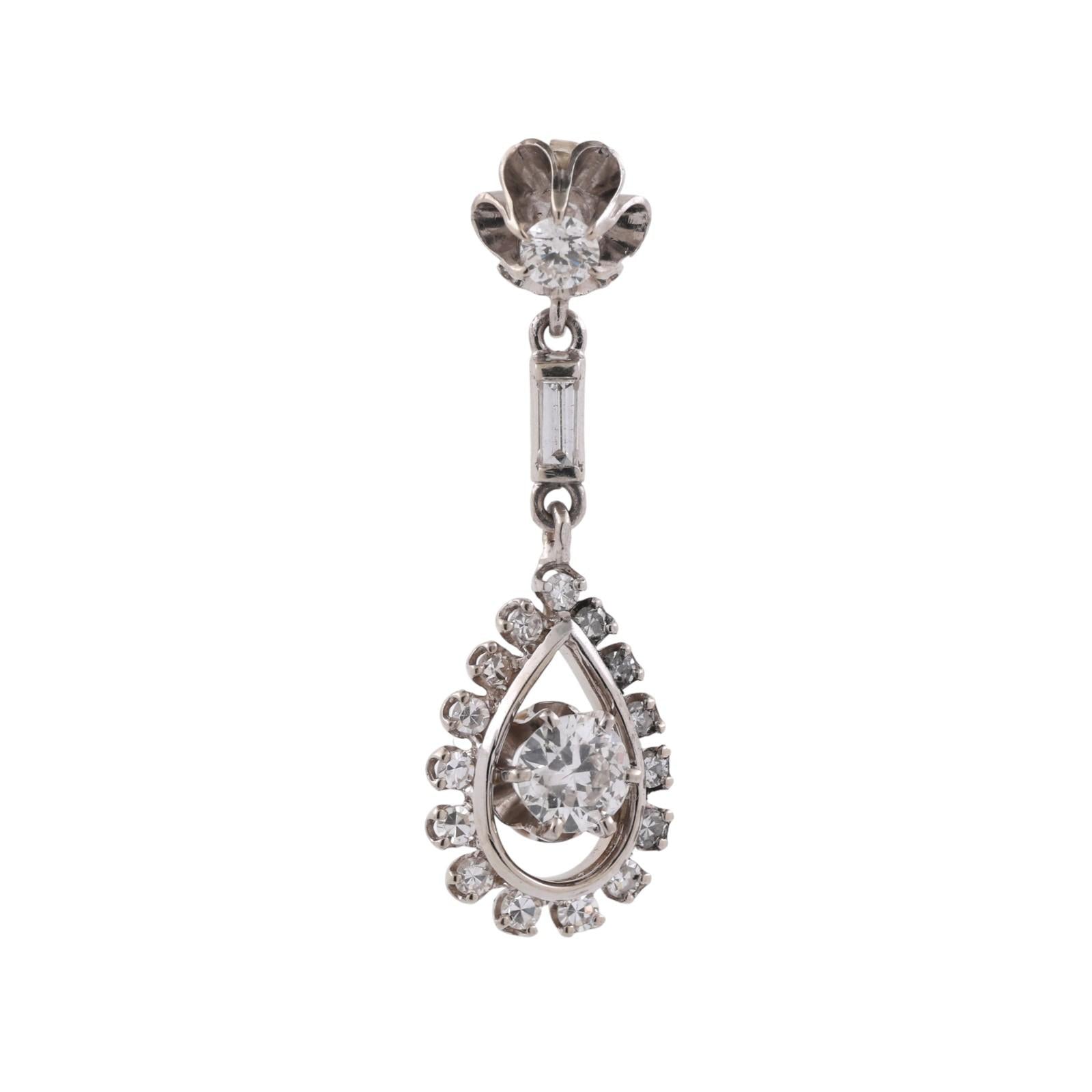 Vintage Floral Teardrop Halo Diamond Pendant 14K White Gold 1.05 TW 1.40" Estate