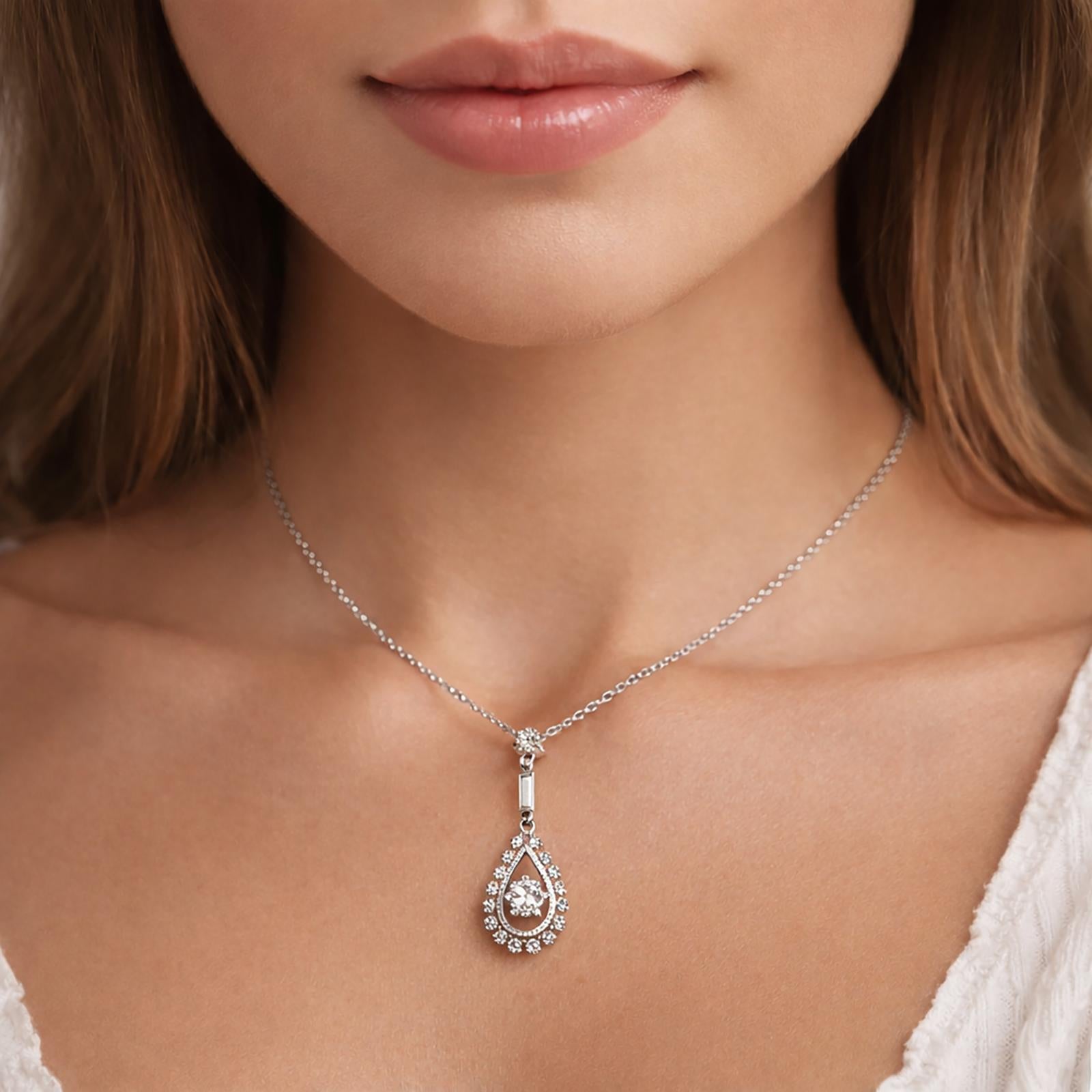 Vintage Floral Teardrop Halo Diamond Pendant 14K White Gold 1.05 TW 1.40" Estate