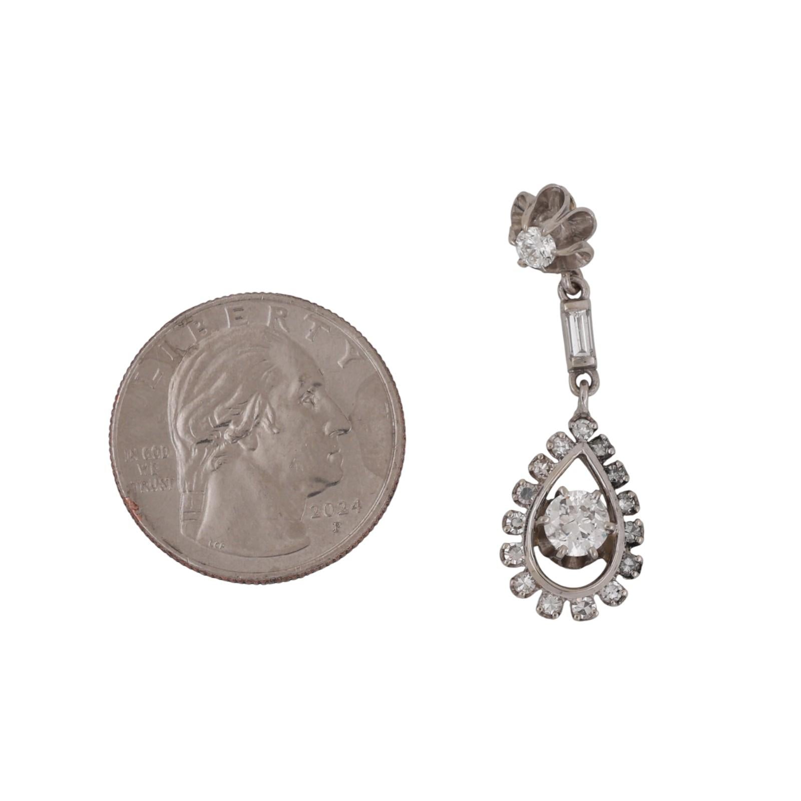 Vintage Floral Teardrop Halo Diamond Pendant 14K White Gold 1.05 TW 1.40" Estate