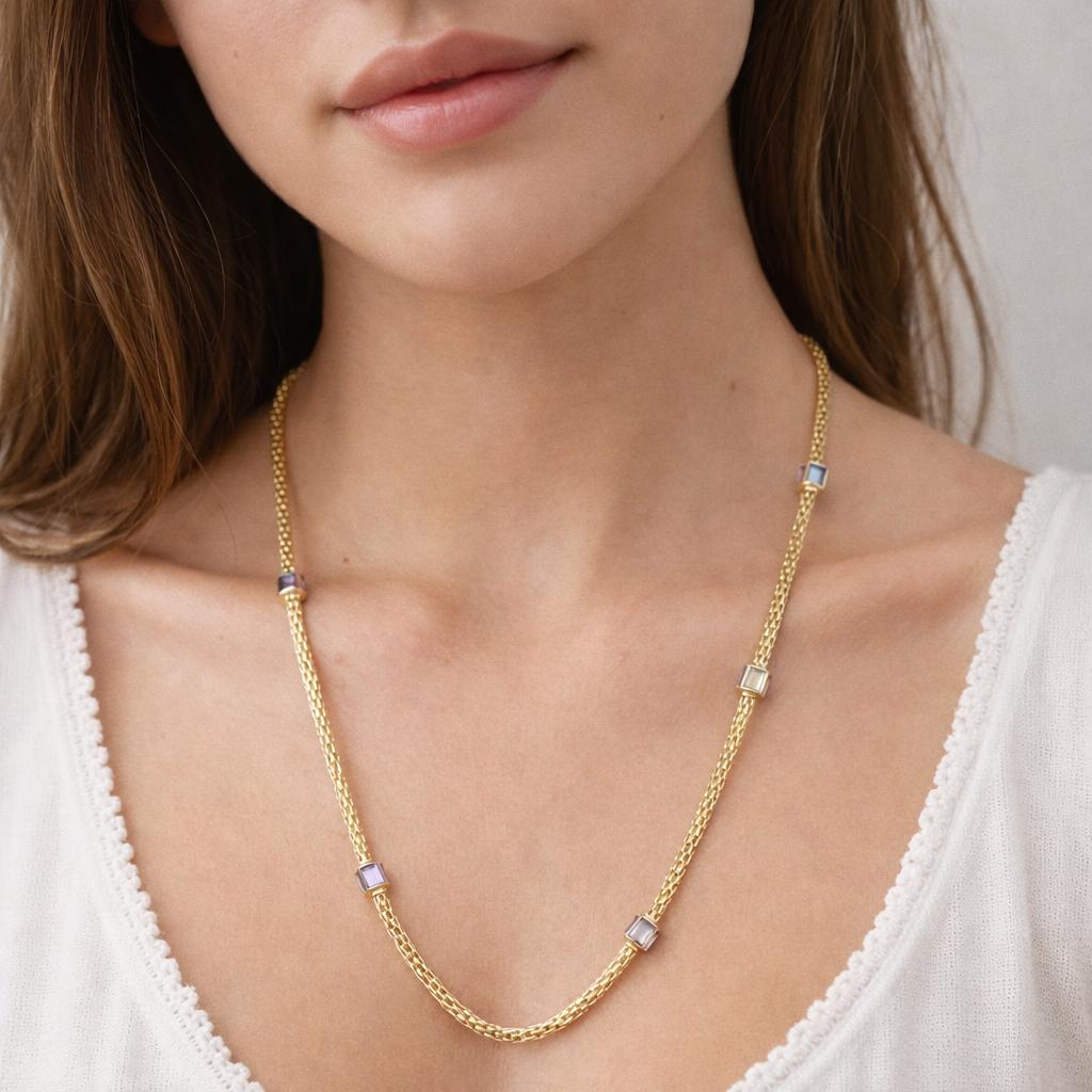 Blue Topaz Amethyst Station Mesh Chain Necklace 14K Yellow Gold 8.40 TW 32”