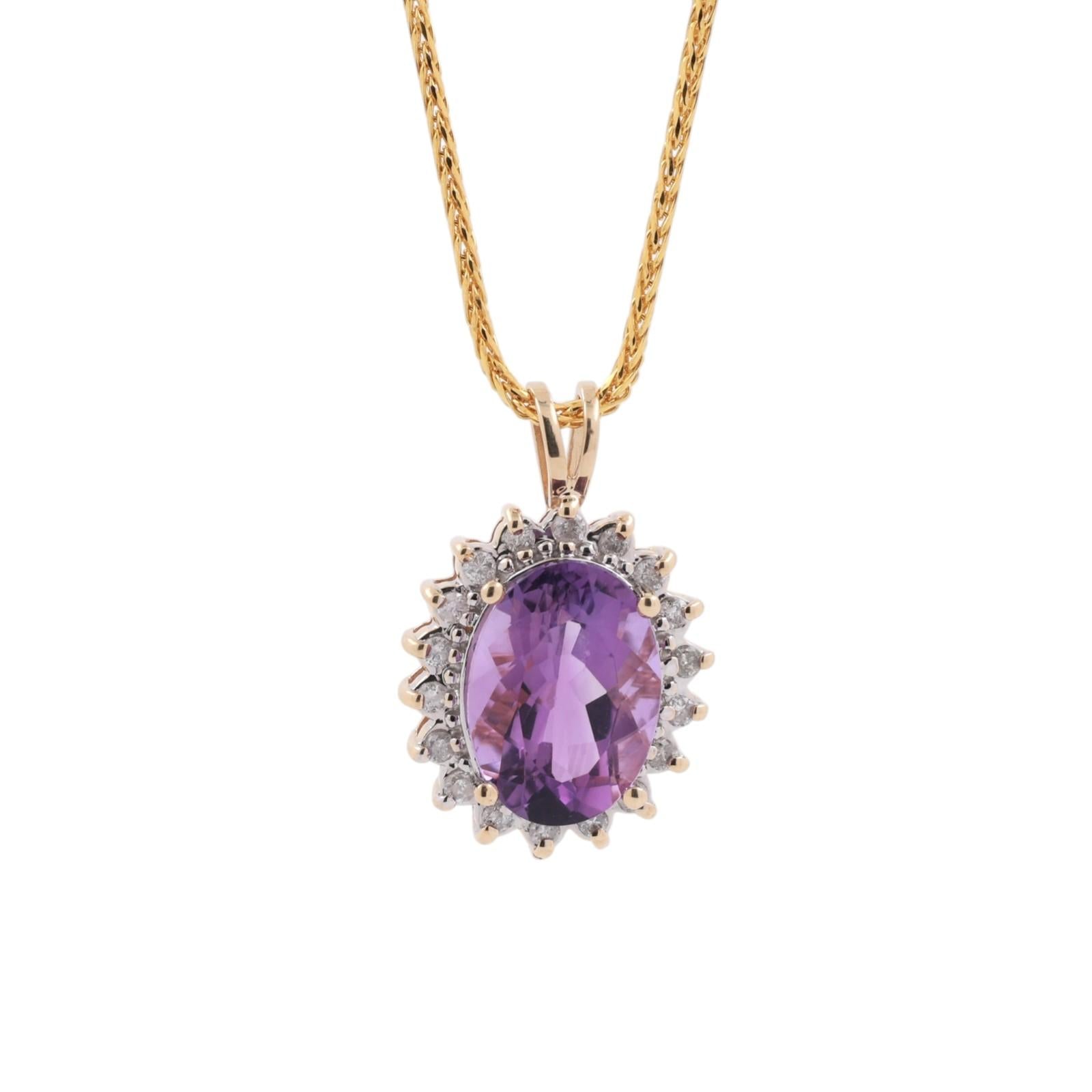 Amethyst Halo Diamond Floral Pendant Chain Necklace 14K Gold 6.25 CTW 21.5"