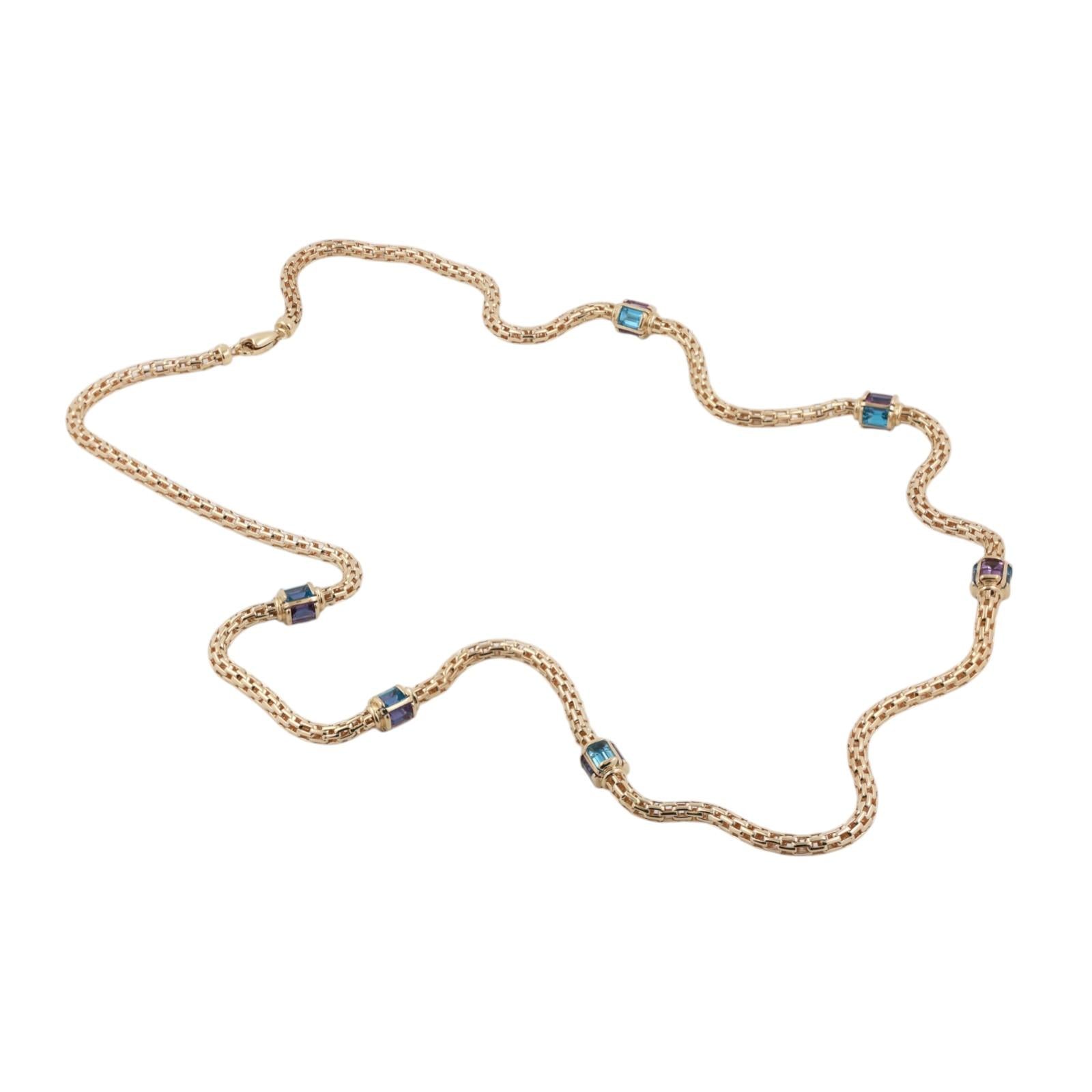 Blue Topaz Amethyst Station Mesh Chain Necklace 14K Yellow Gold 8.40 TW 32”