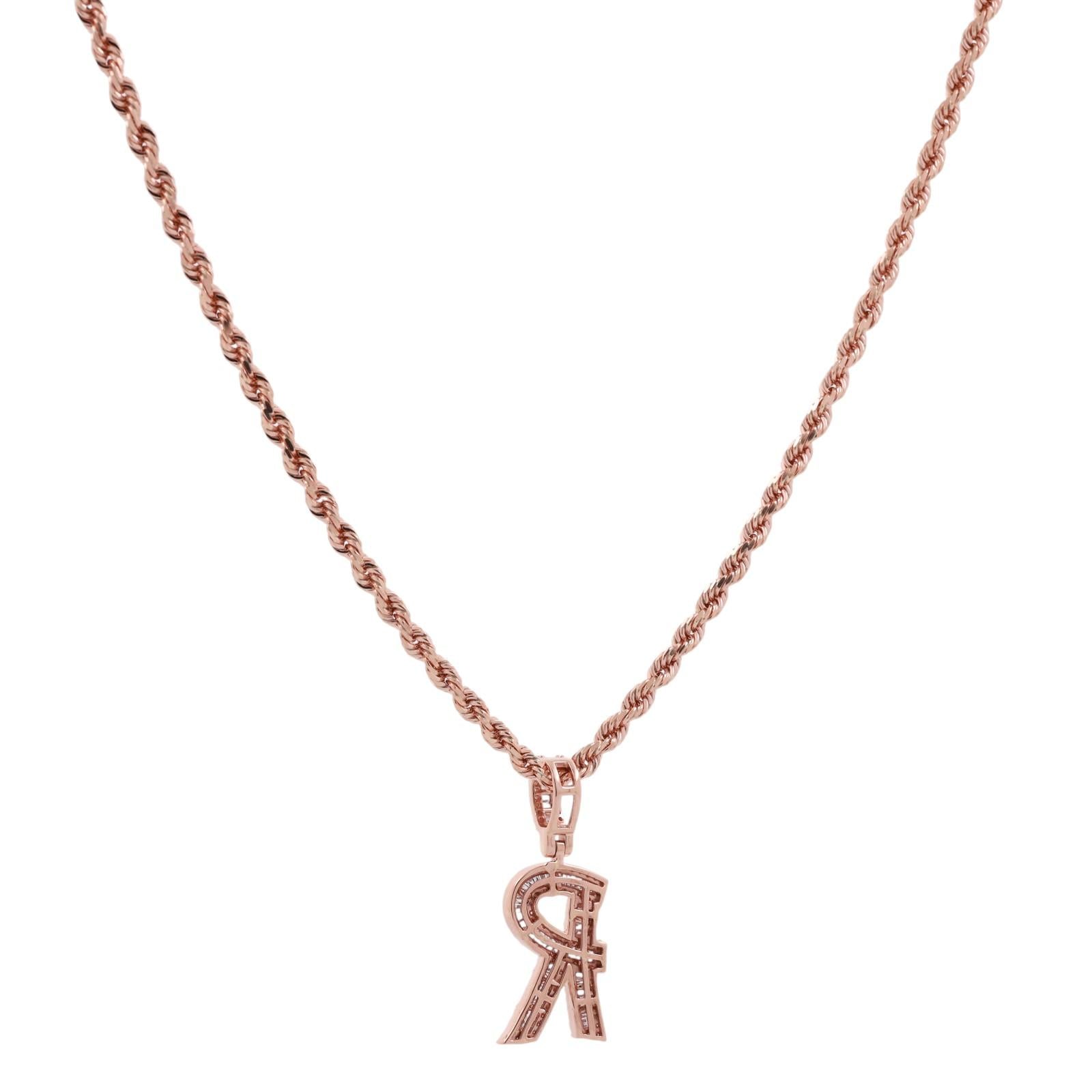 10K Rose Gold 1.00CTW Diamond Initial R Pendant 22" Rope Chain