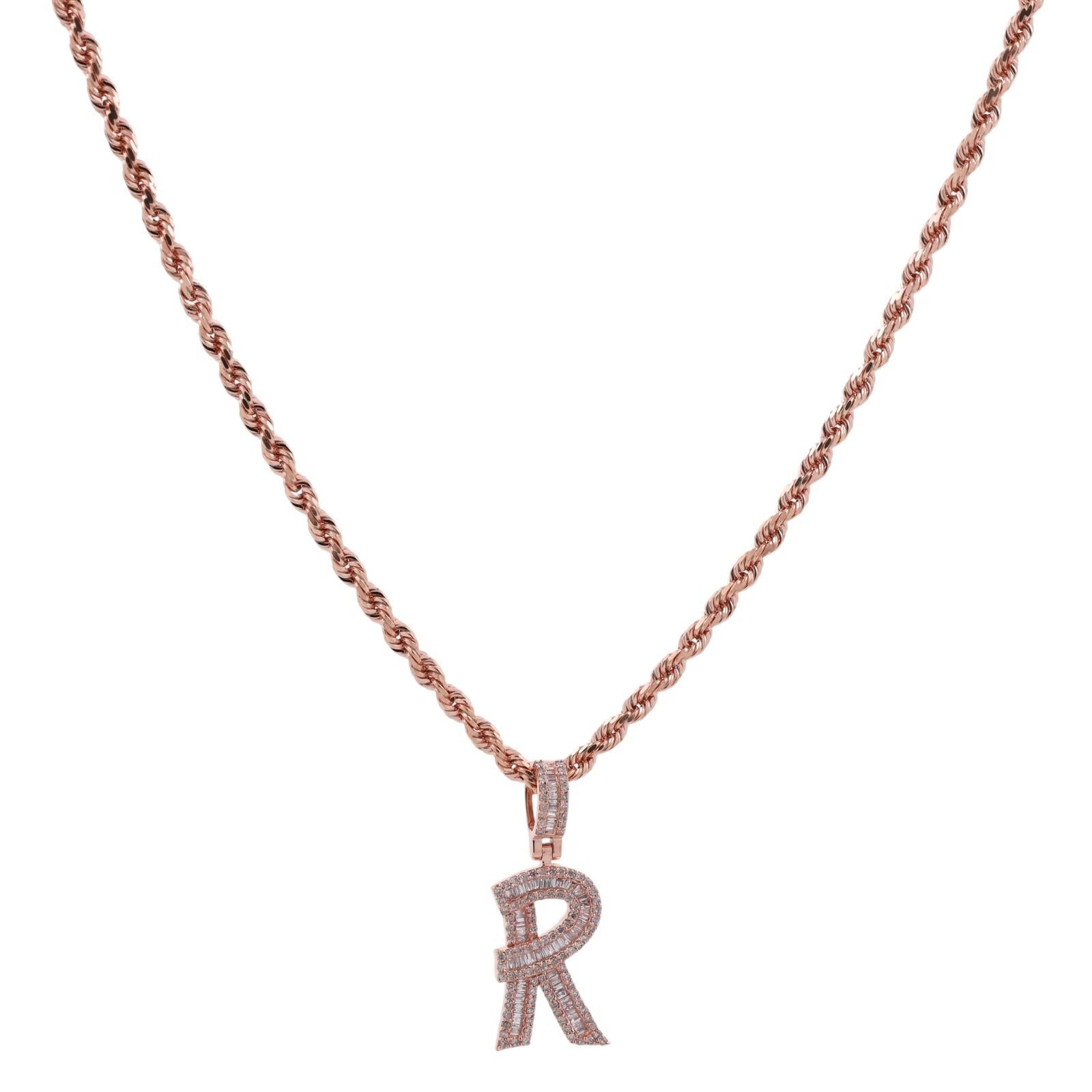 10K Rose Gold 1.00CTW Diamond Initial R Pendant 22" Rope Chain