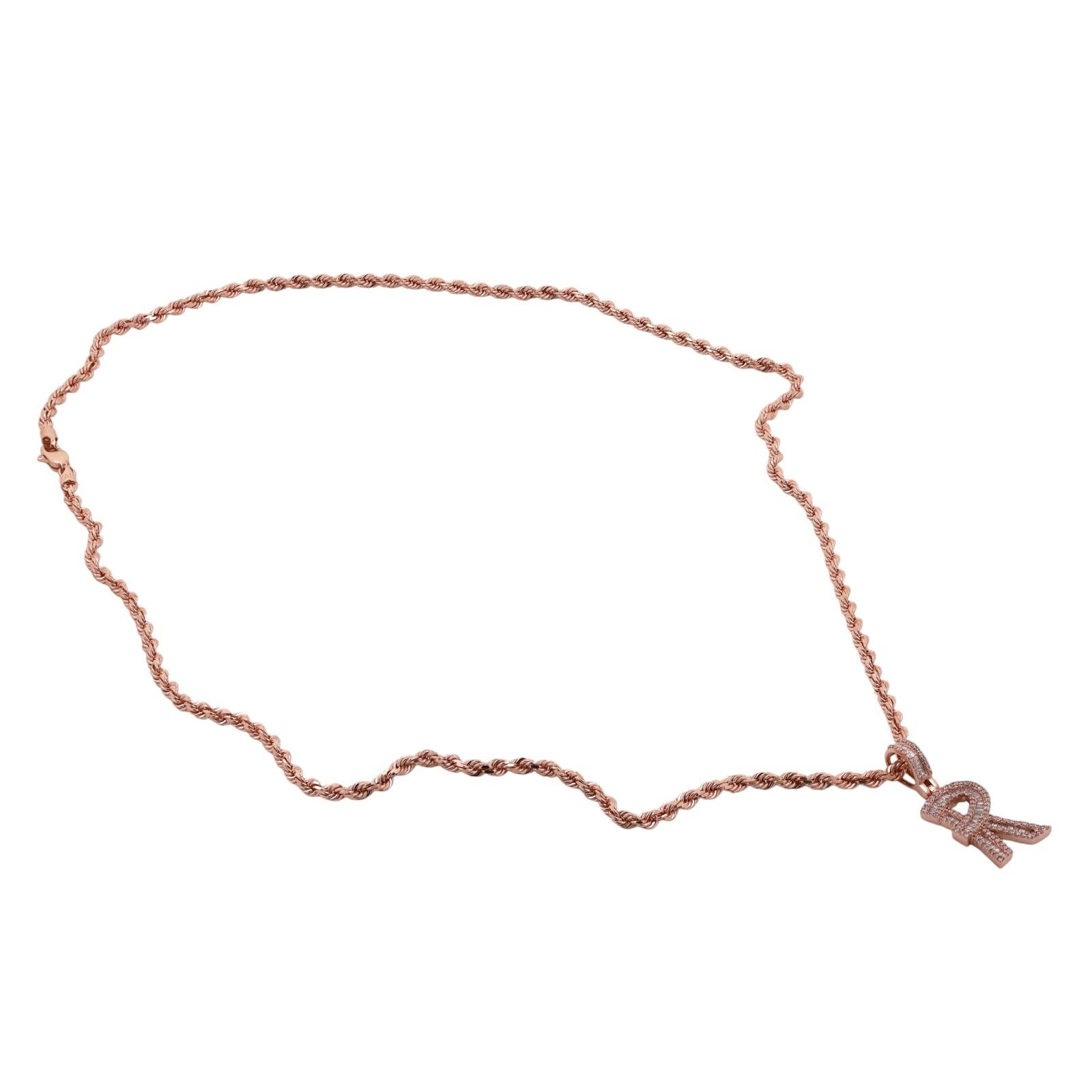 10K Rose Gold 1.00CTW Diamond Initial R Pendant 22" Rope Chain
