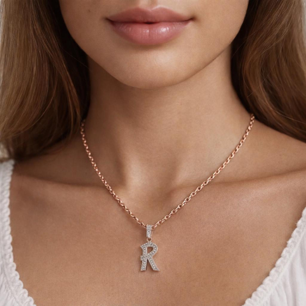 10K Rose Gold 1.00CTW Diamond Initial R Pendant 22" Rope Chain